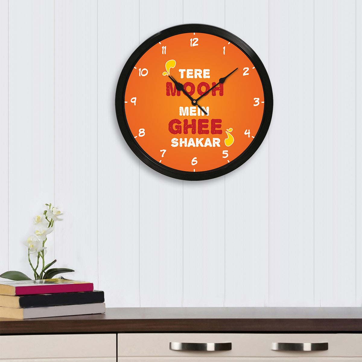 "Tere Mooh Mein Ghee Shakar" Designer Round Analog Black Wall Clock 1