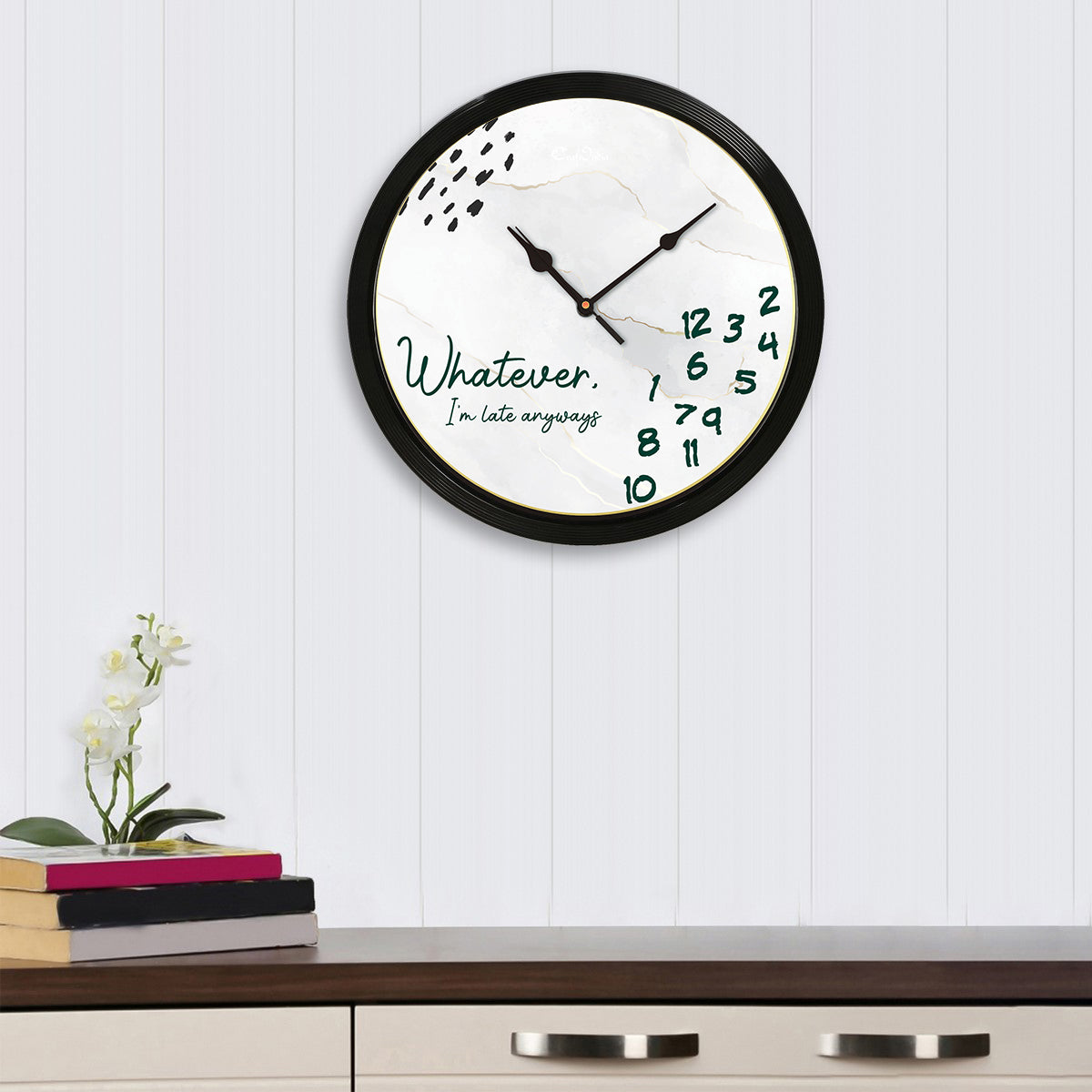 "Whatever I Am Late Always" Designer Round Analog Black Wall Clock 1