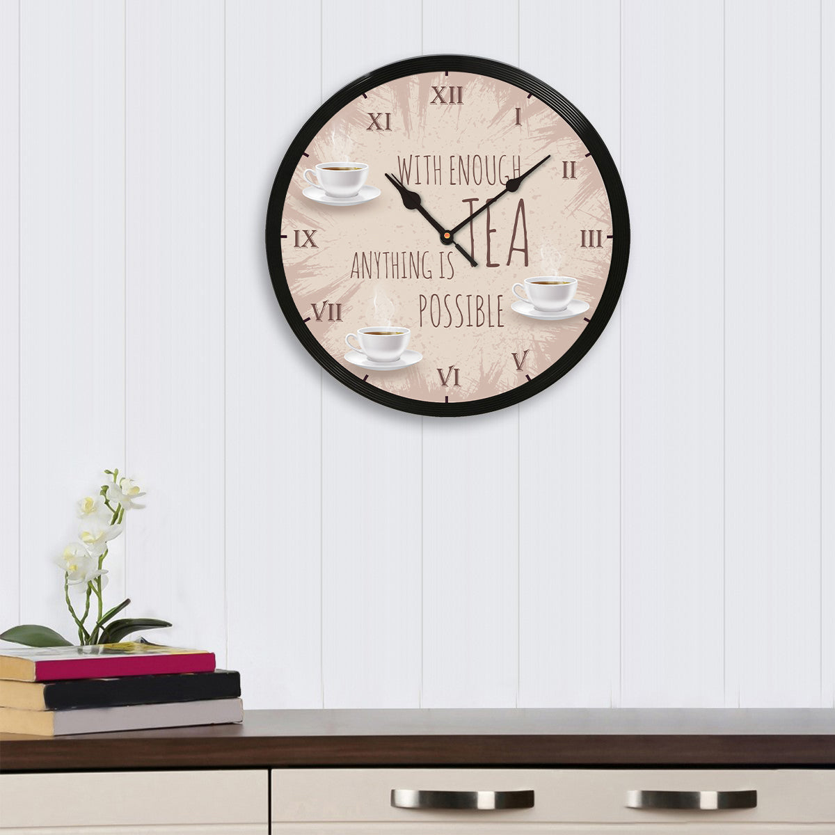 "With Enough Tea Anything Is Possible" Designer Round Analog Black Wall Clock 1