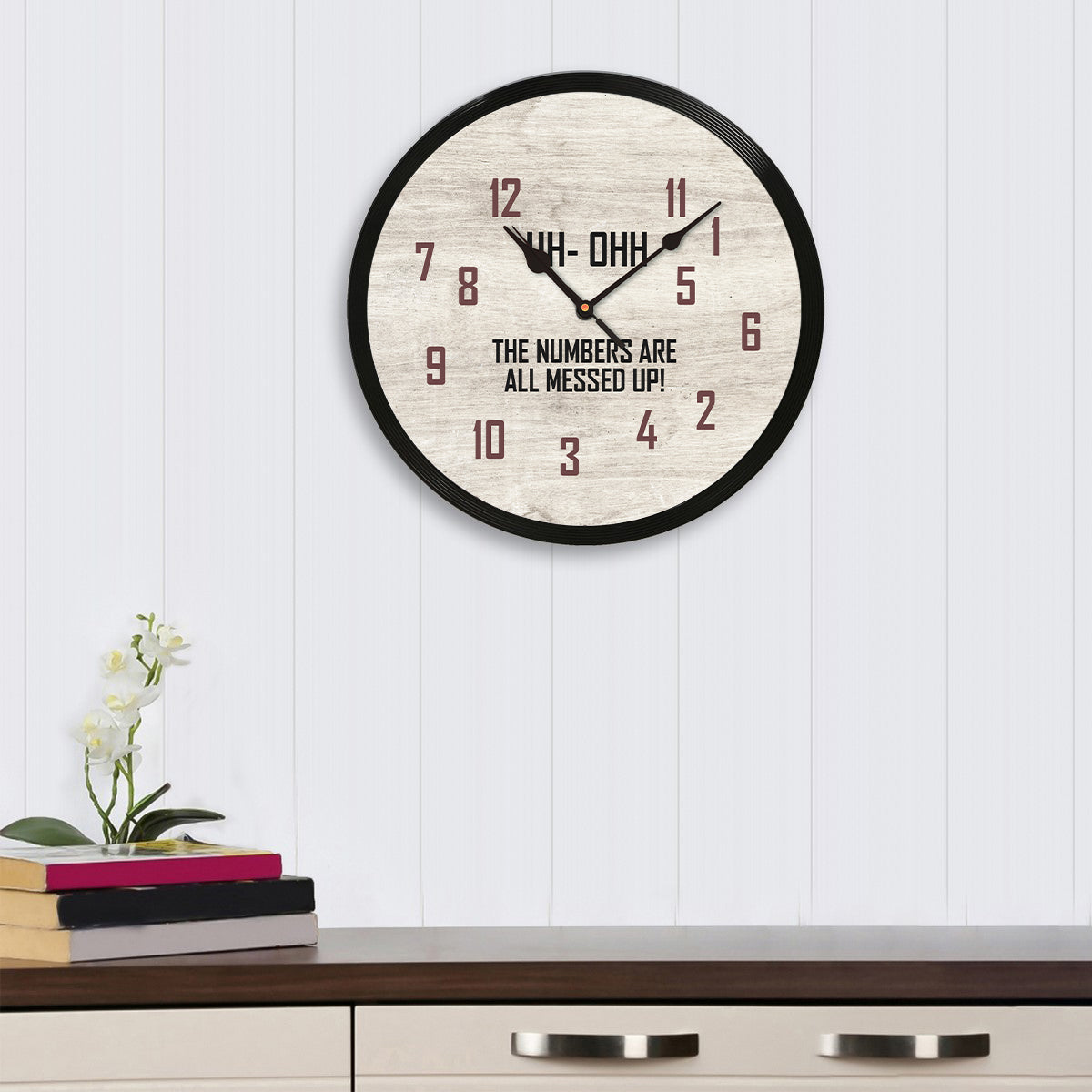 "The Numbers Are Messed Up" Designer Round Analog Black Wall Clock 1