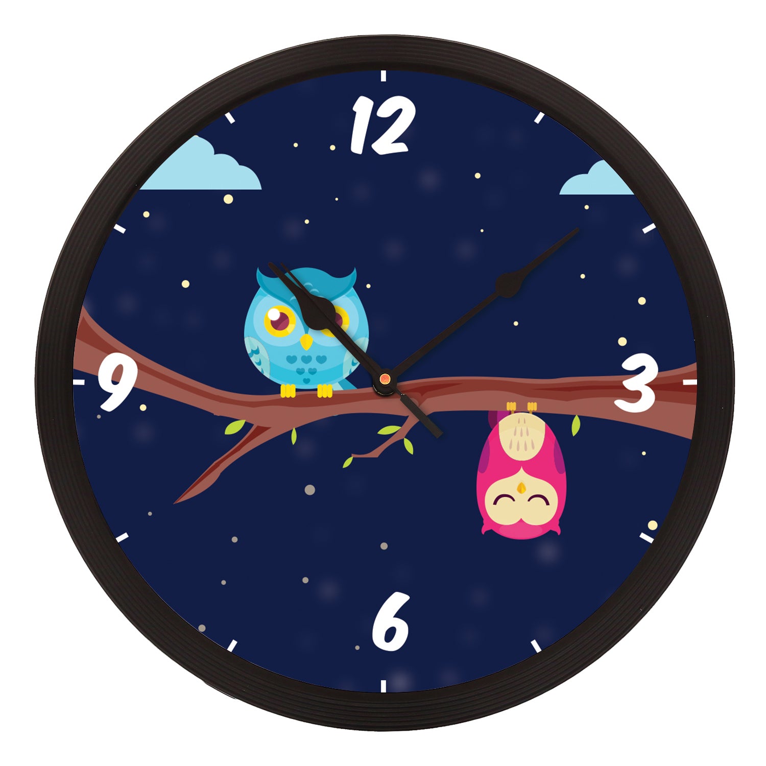 Black Plastic Round Shape Analog "Owls Sitting on a Branch" Designer Wall Clock