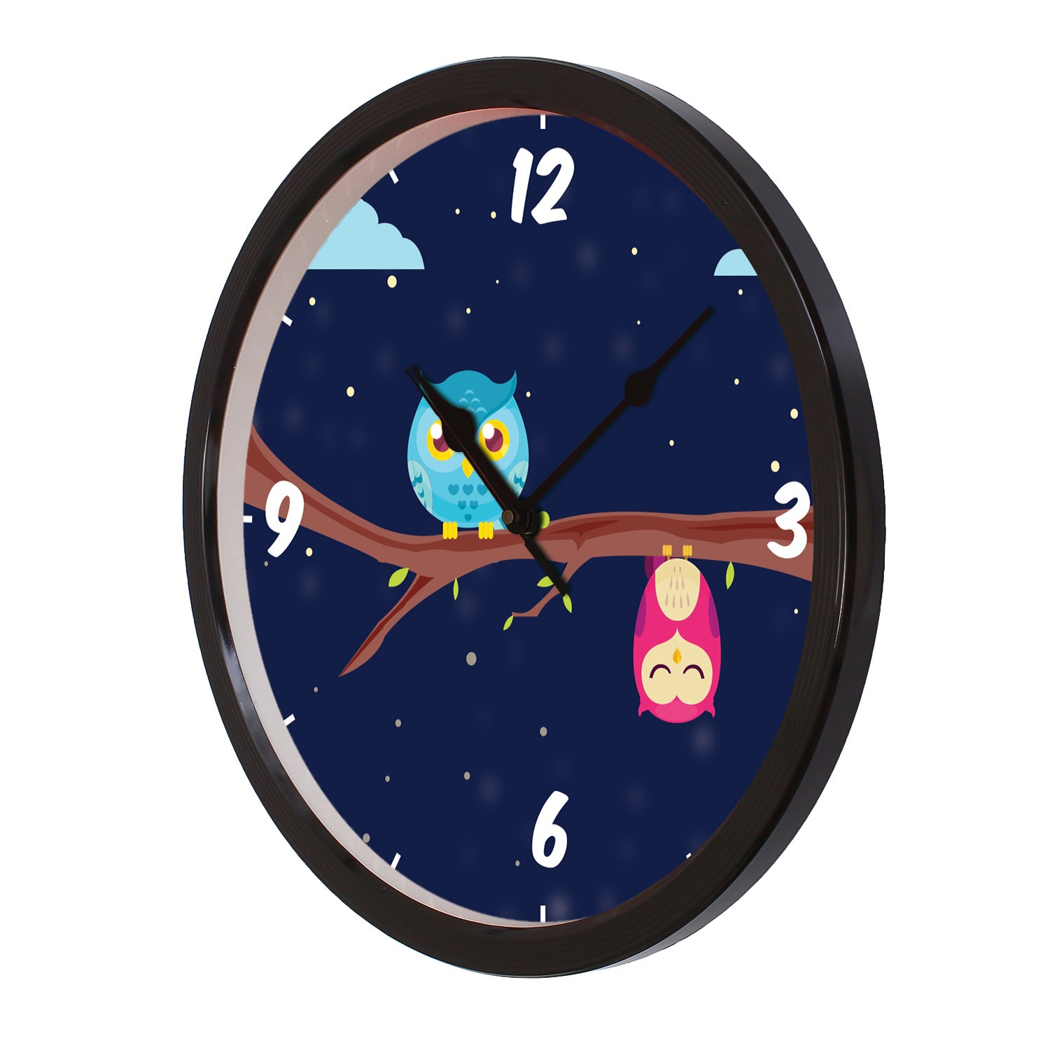 Black Plastic Round Shape Analog "Owls Sitting on a Branch" Designer Wall Clock 4