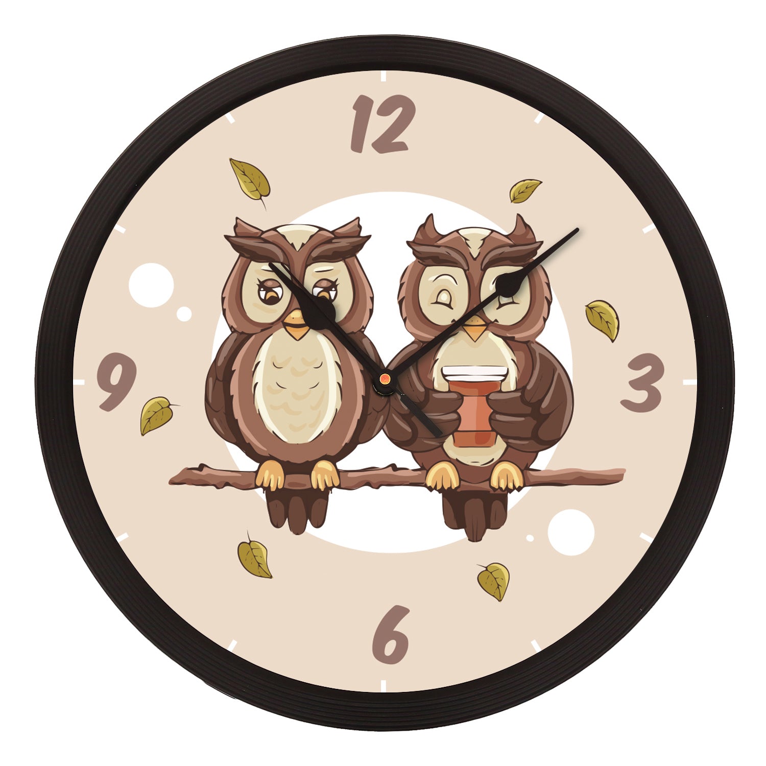 Black Plastic Round Shape Analog "Cute Owl Couple Sitting on a Branch" Designer Wall Clock