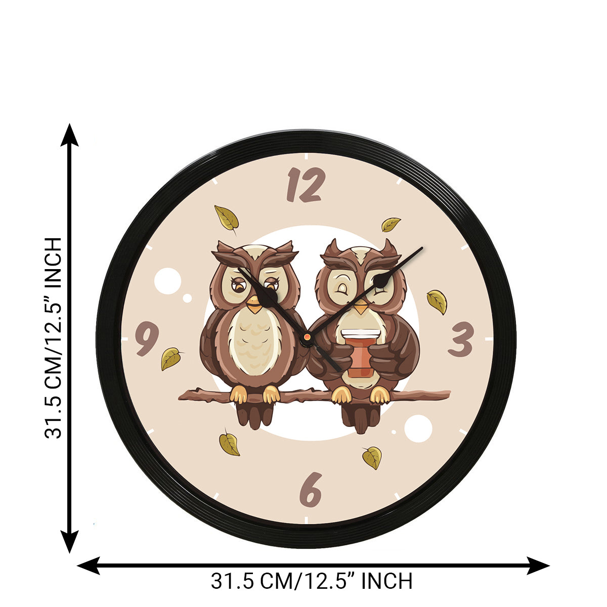 Black Plastic Round Shape Analog "Cute Owl Couple Sitting on a Branch" Designer Wall Clock 3