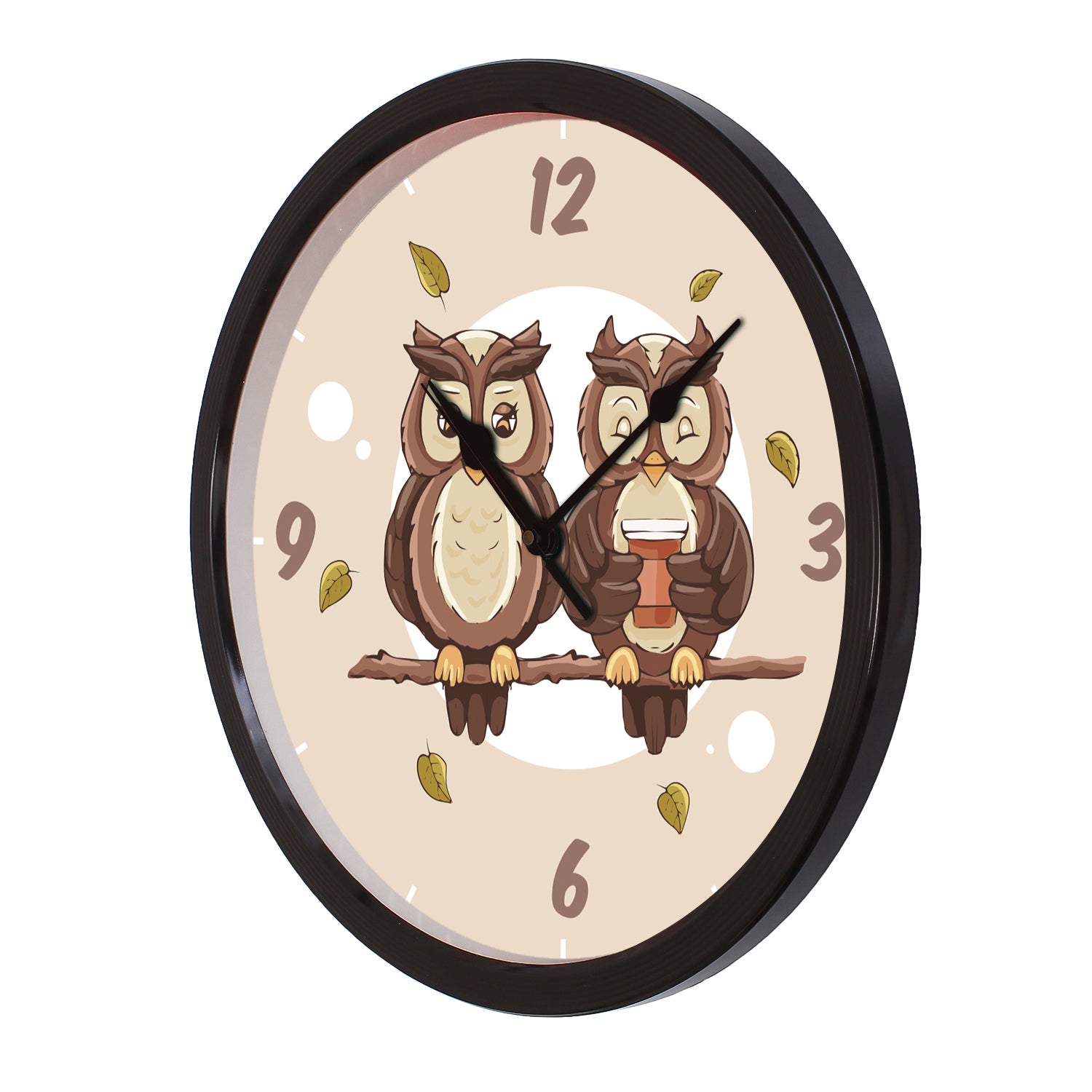 Black Plastic Round Shape Analog "Cute Owl Couple Sitting on a Branch" Designer Wall Clock 4