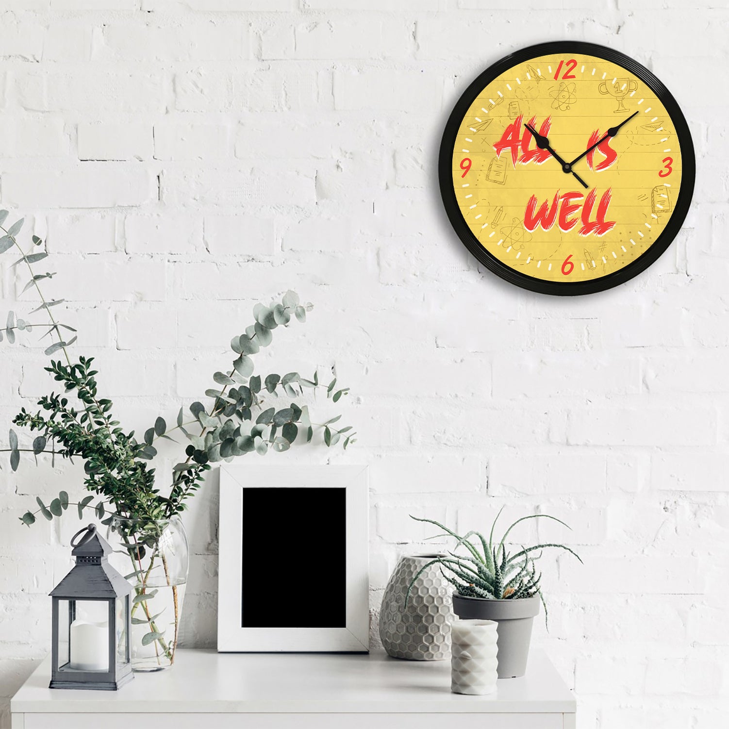 "All Is Well" Designer Round Analog Black Wall Clock 2