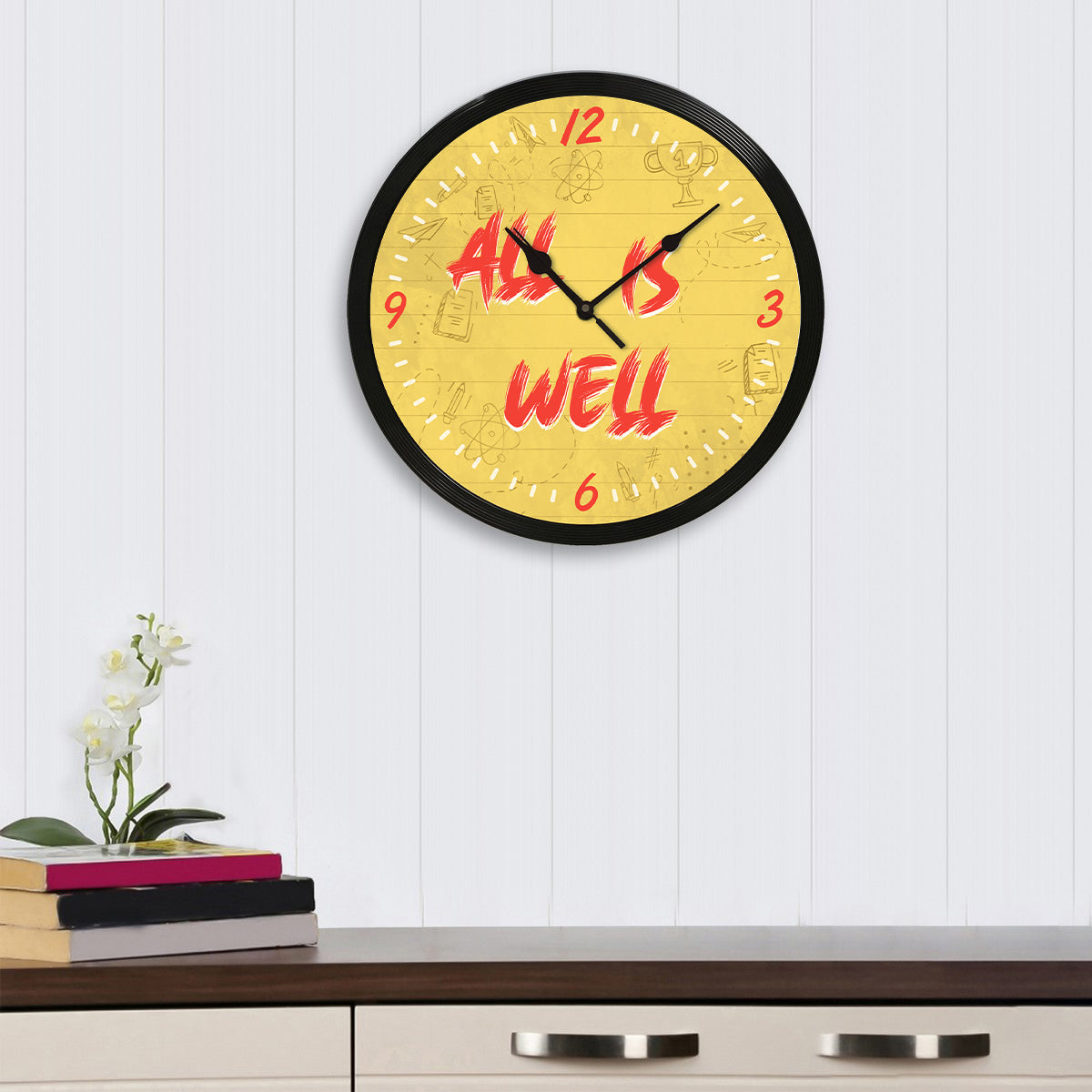 "All Is Well" Designer Round Analog Black Wall Clock 1