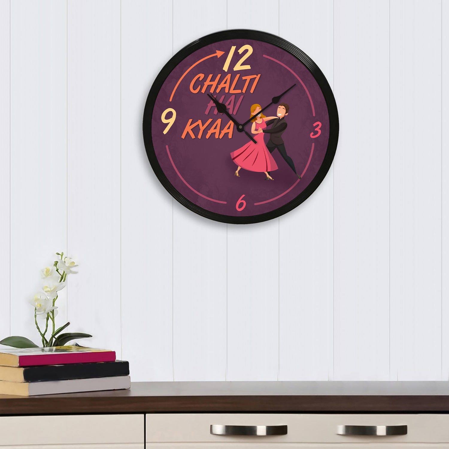 "Chalti Hai Kya 9 Se 12" Designer Round Analog Black Wall Clock 1