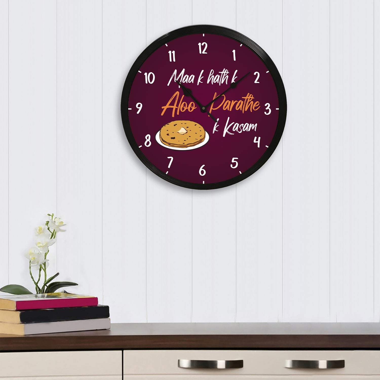 "Maa K Haath K Aloo Paranthe Ki Kasam" Purple Designer Round Analog Black Wall Clock 1