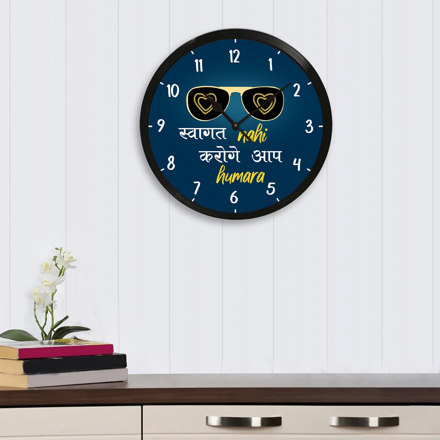 "Swagat Nahi Karoge Aap Hamara" Blue Designer Round Analog Black Wall Clock 1