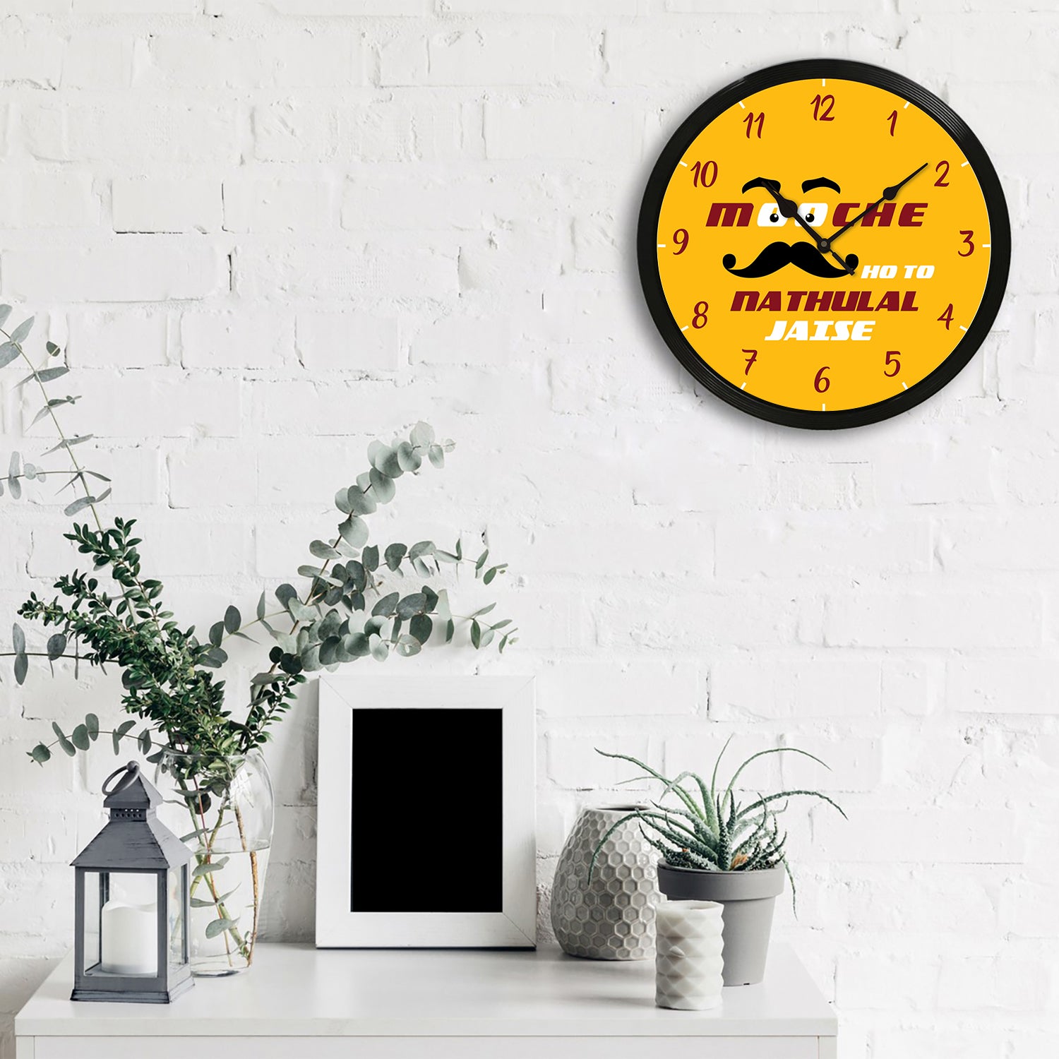 "Mooche Ho Toh Nathulal Jaise" Yellow Designer Round Analog Black Wall Clock 2