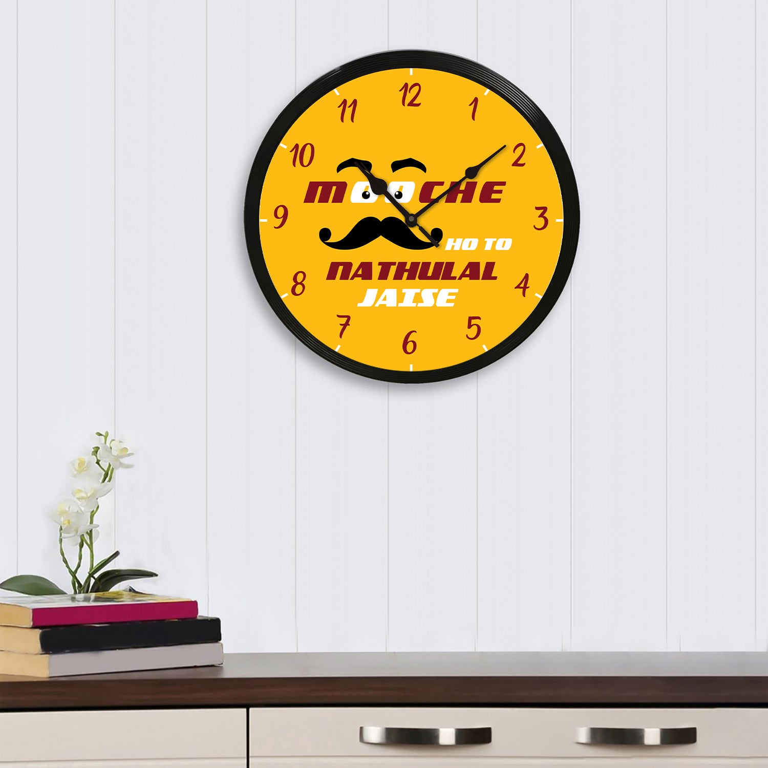 "Mooche Ho Toh Nathulal Jaise" Yellow Designer Round Analog Black Wall Clock 1