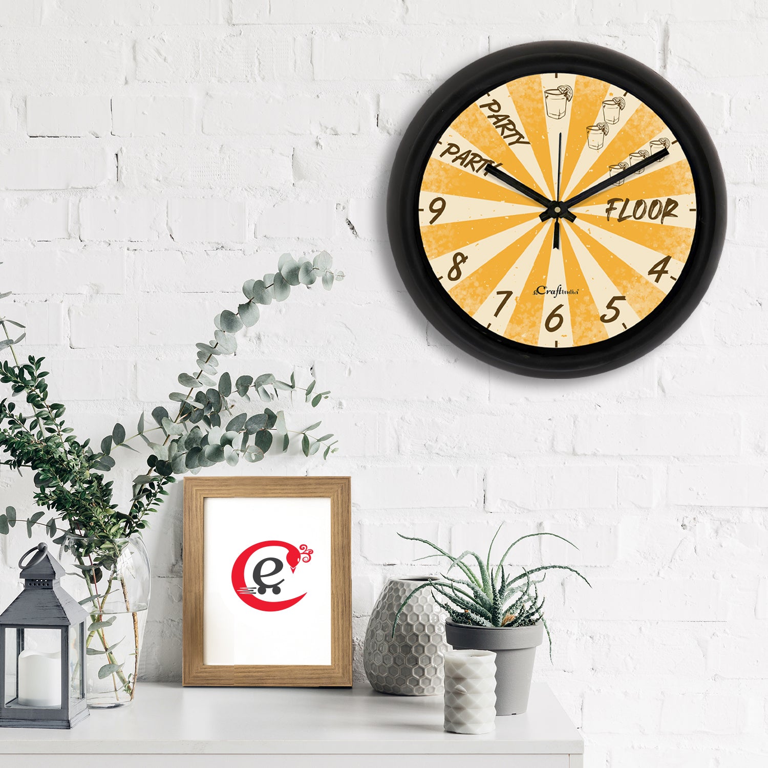"Party Theme" Yellow Designer Round Analog Black Wall Clock 1