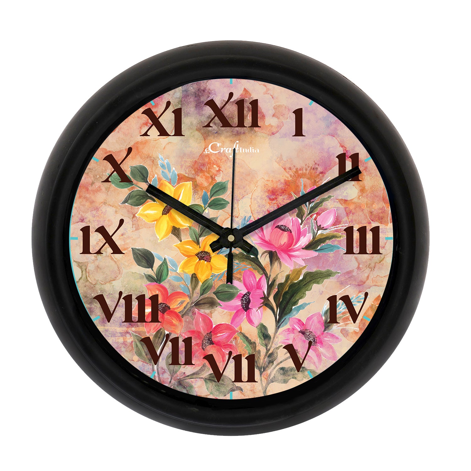 "Flower Theme" Multicolor Designer Round Analog Black Wall Clock