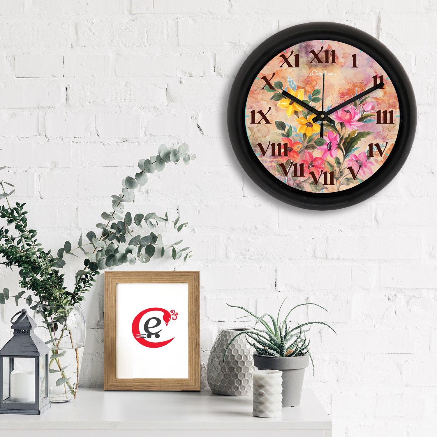 "Flower Theme" Multicolor Designer Round Analog Black Wall Clock 1