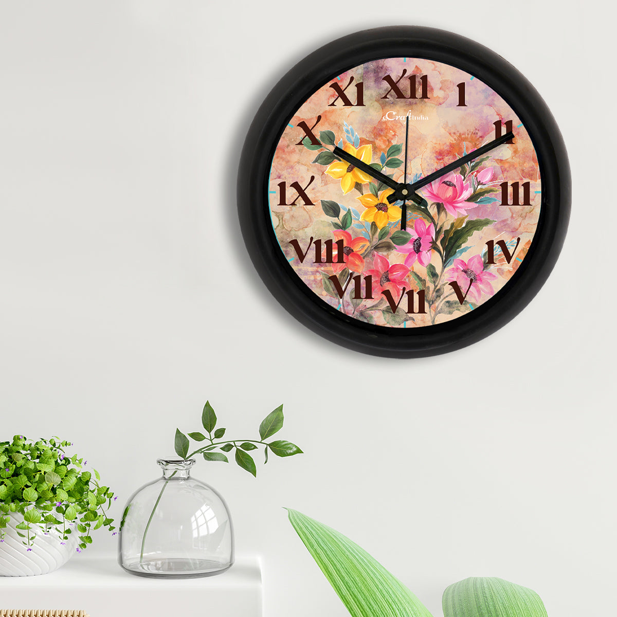 "Flower Theme" Multicolor Designer Round Analog Black Wall Clock 2