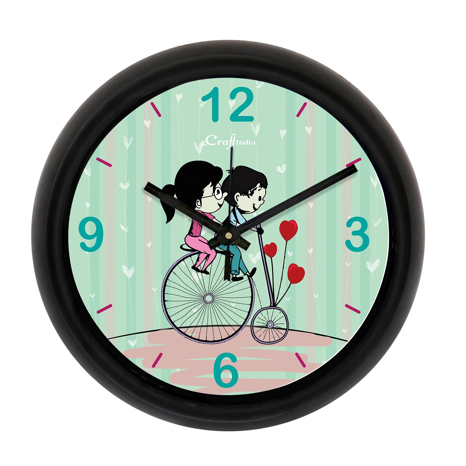"Couple Riding Bicycle" Green Designer Round Analog Black Wall Clock