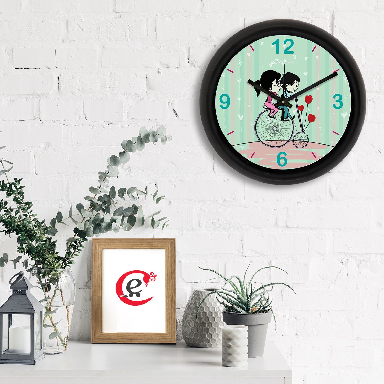 "Couple Riding Bicycle" Green Designer Round Analog Black Wall Clock 1