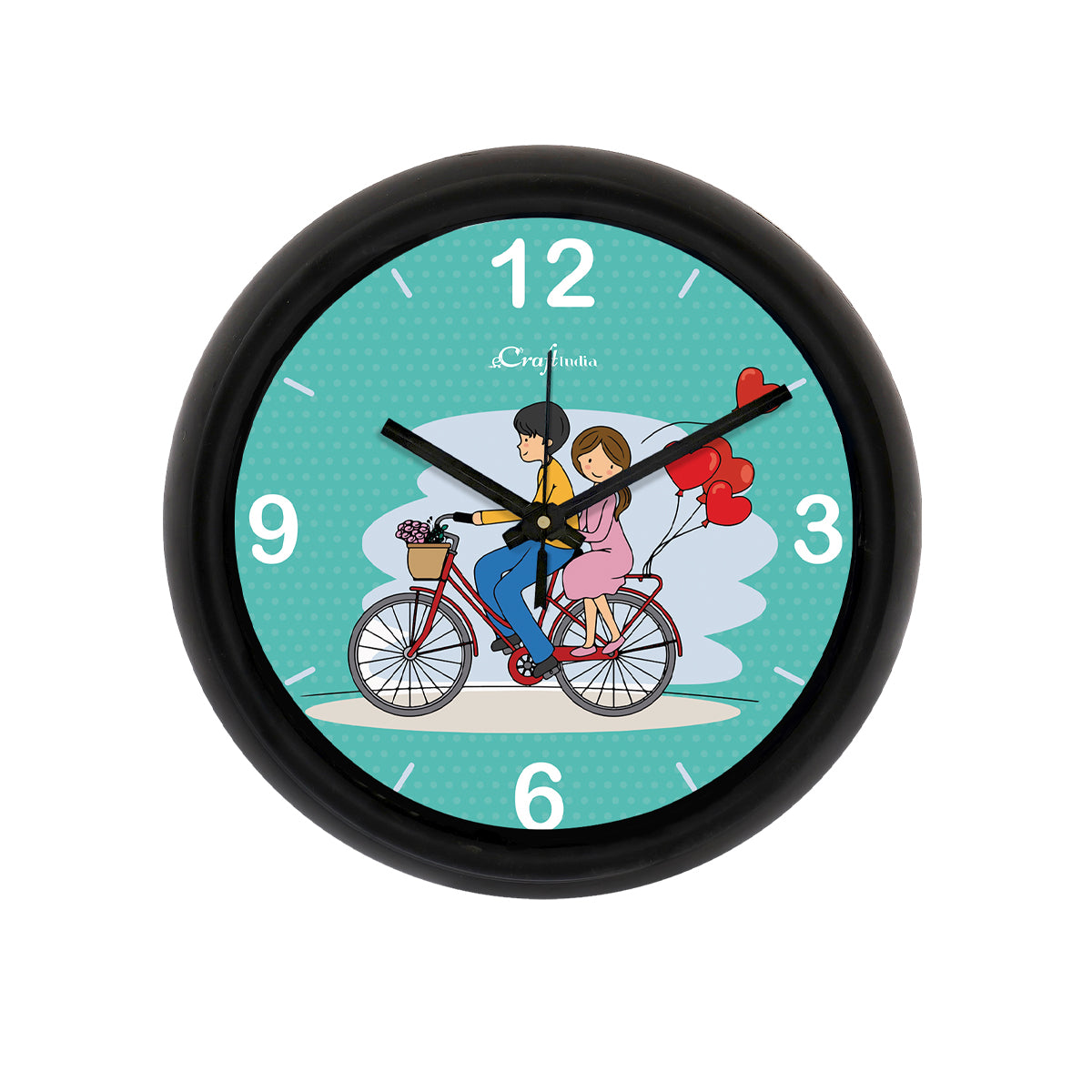 "Couple in Love Riding Bicycle" Blue Designer Round Analog Black Wall Clock