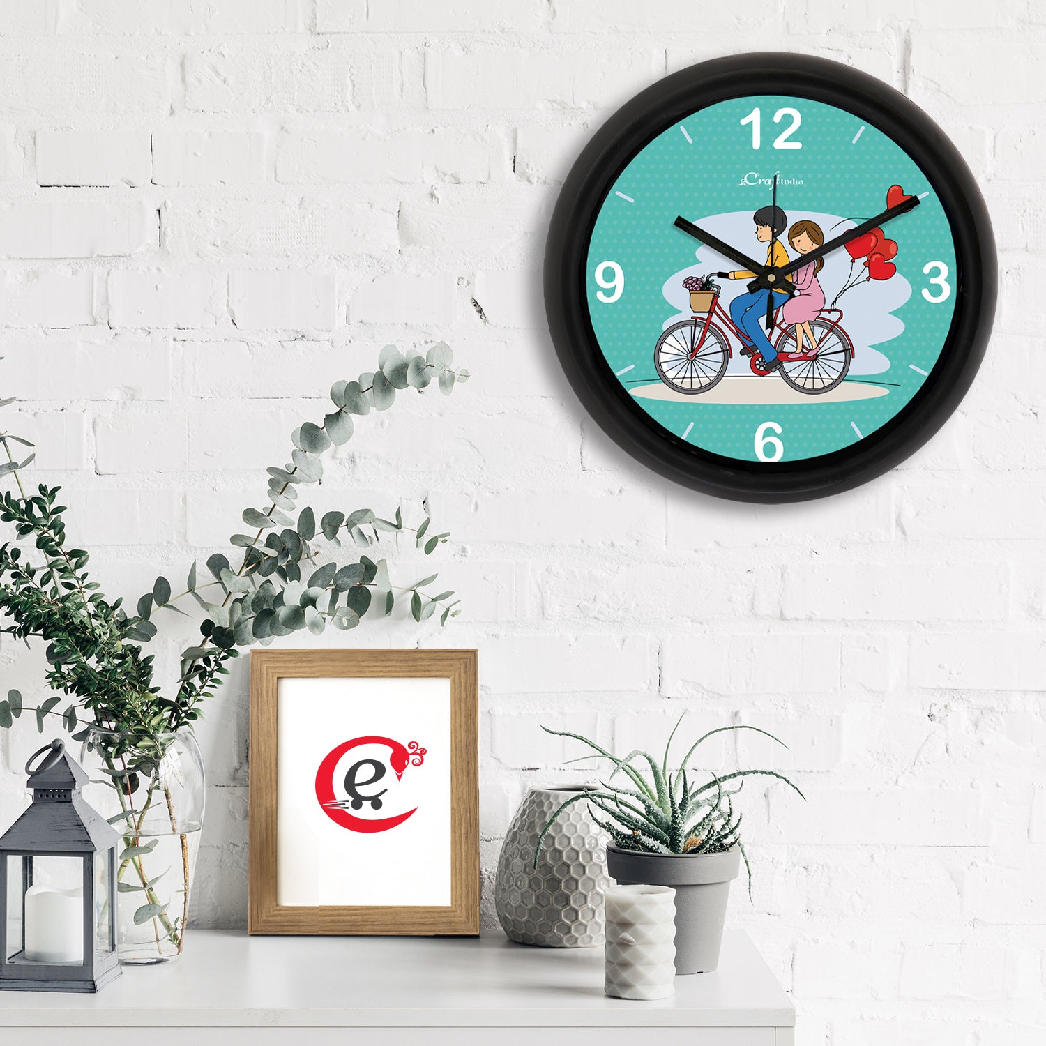 "Couple in Love Riding Bicycle" Blue Designer Round Analog Black Wall Clock 1