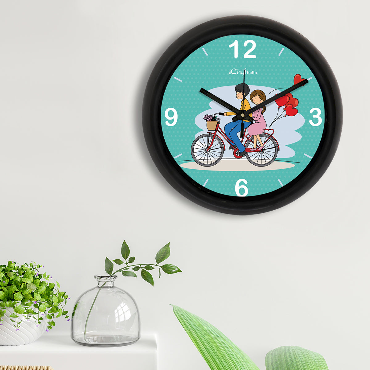 "Couple in Love Riding Bicycle" Blue Designer Round Analog Black Wall Clock 2