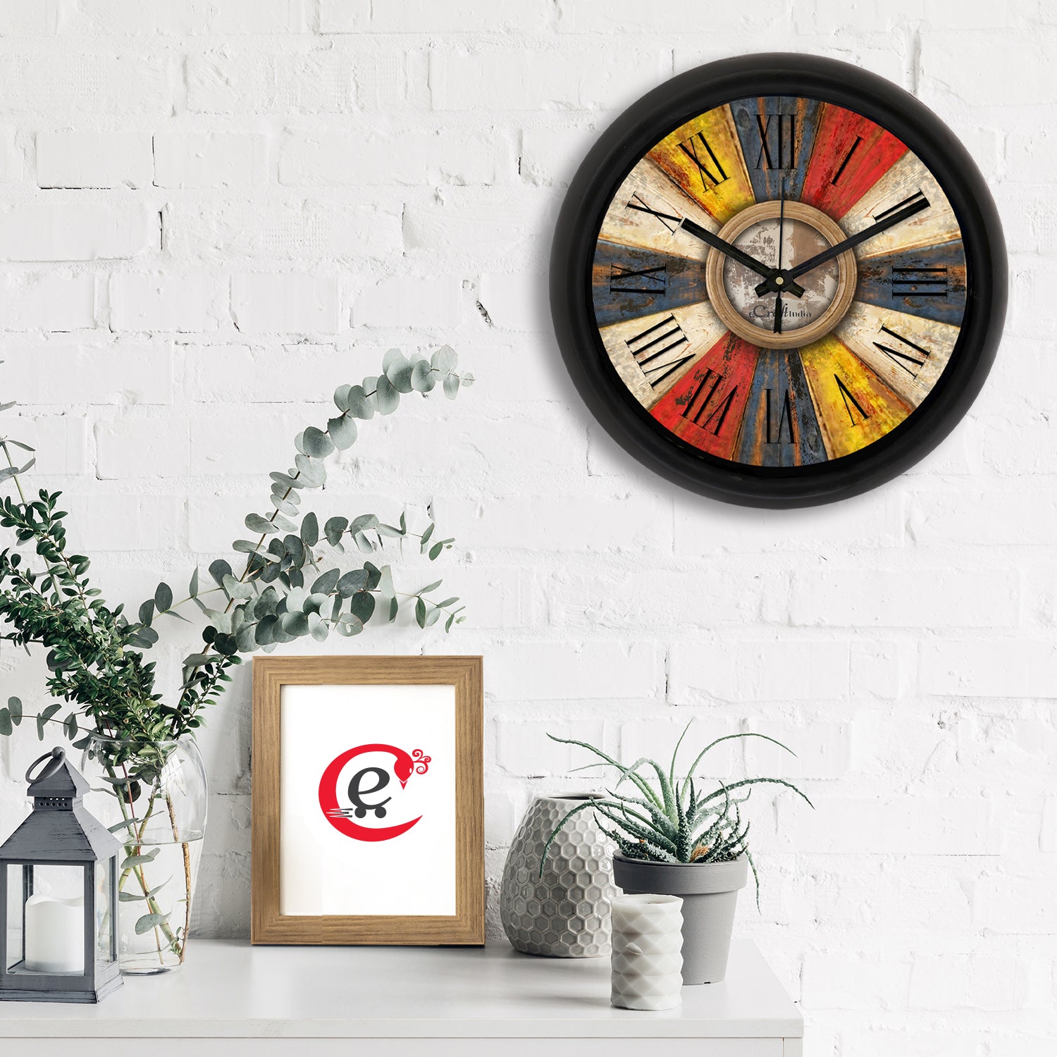 Rustic Multicolor Designer Round Analog Black Wall Clock 1