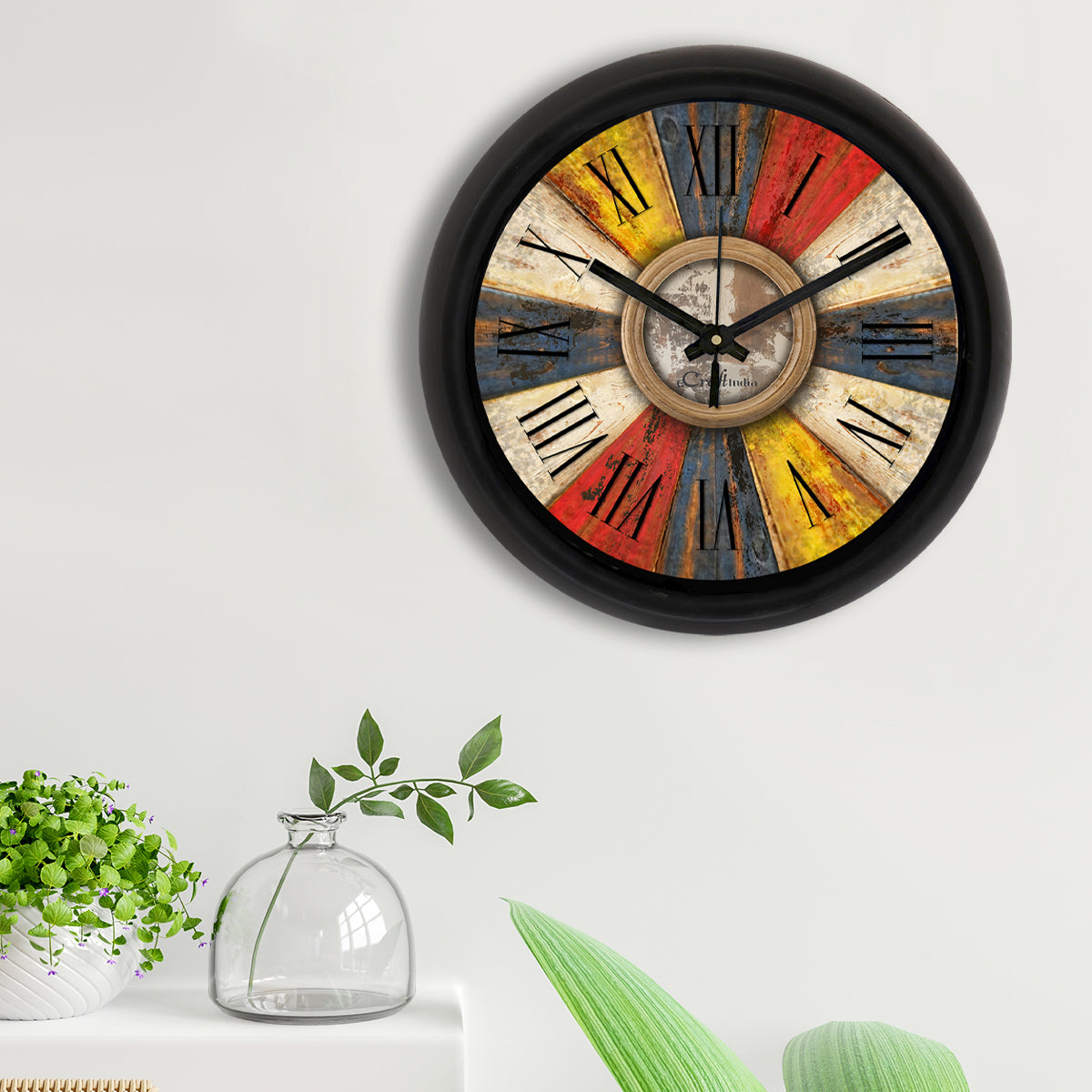 Rustic Multicolor Designer Round Analog Black Wall Clock 2