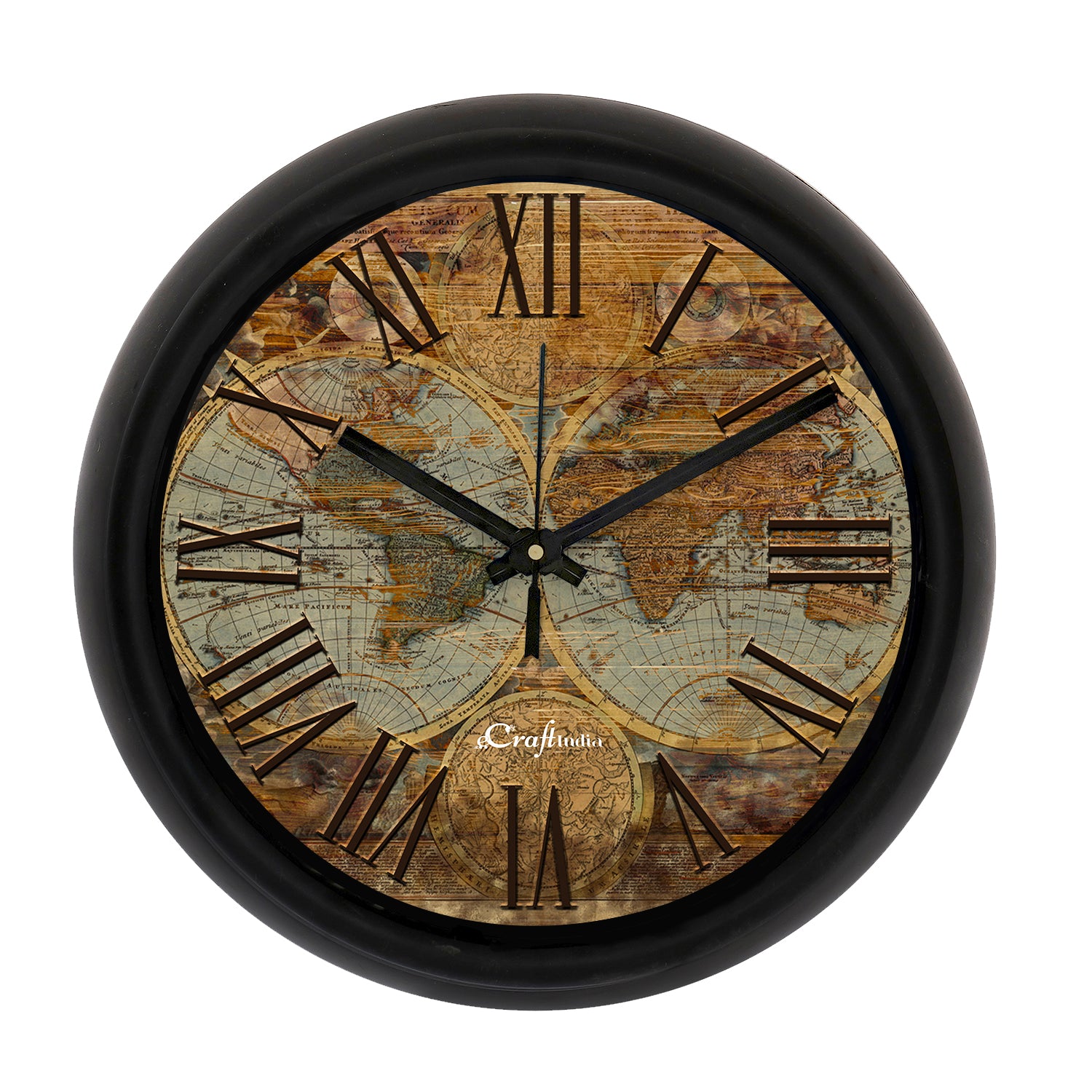 "World Map on Rustic Wood" Designer Round Analog Black Wall Clock