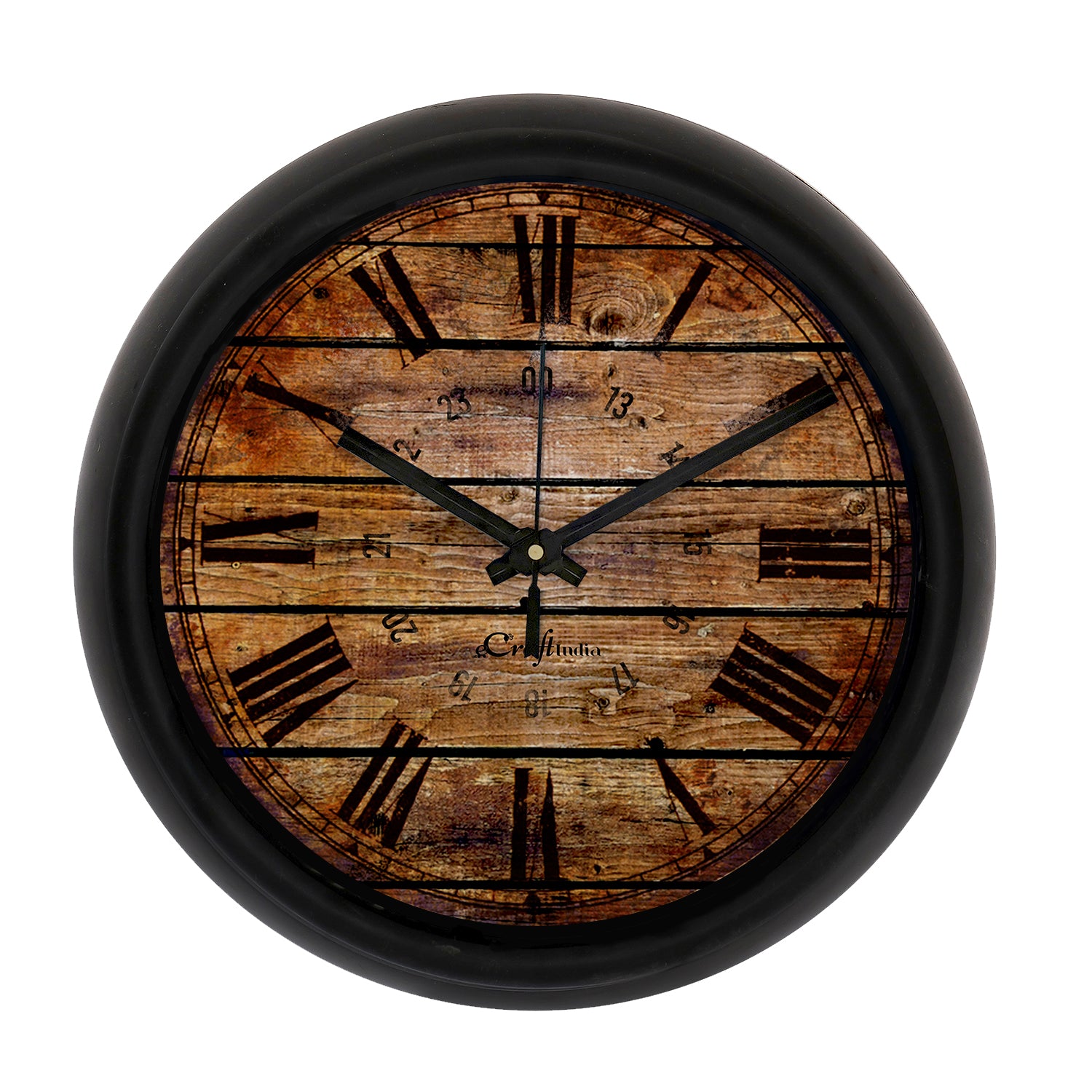 Rustic Wood Dark Brown Designer Round Analog Black Wall Clock