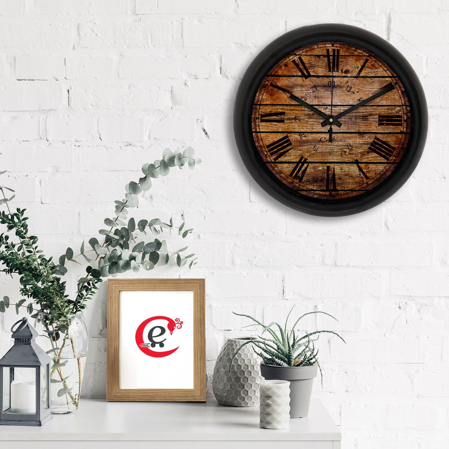 Rustic Wood Dark Brown Designer Round Analog Black Wall Clock 1