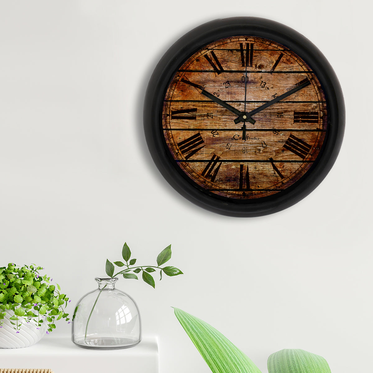 Rustic Wood Dark Brown Designer Round Analog Black Wall Clock 2