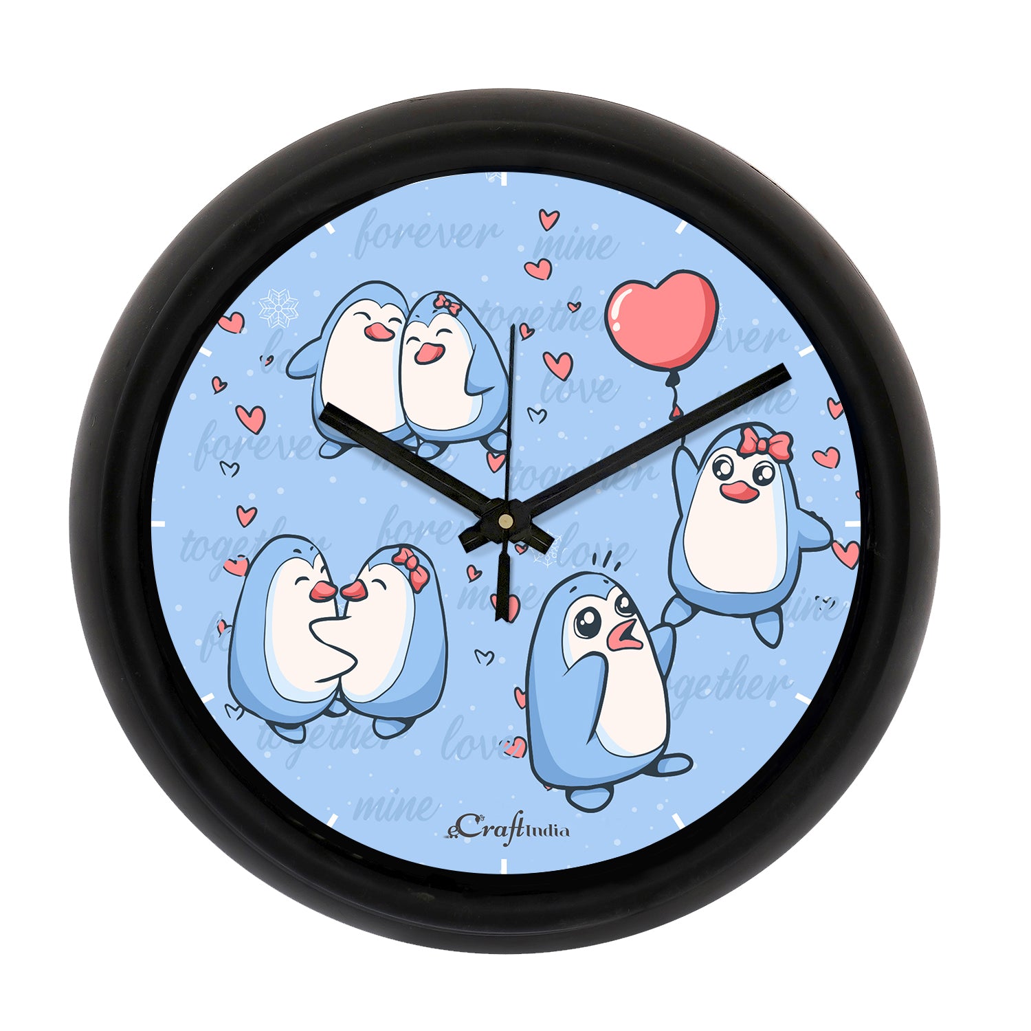 "Penguin Couple" Designer Round Analog Black Wall Clock