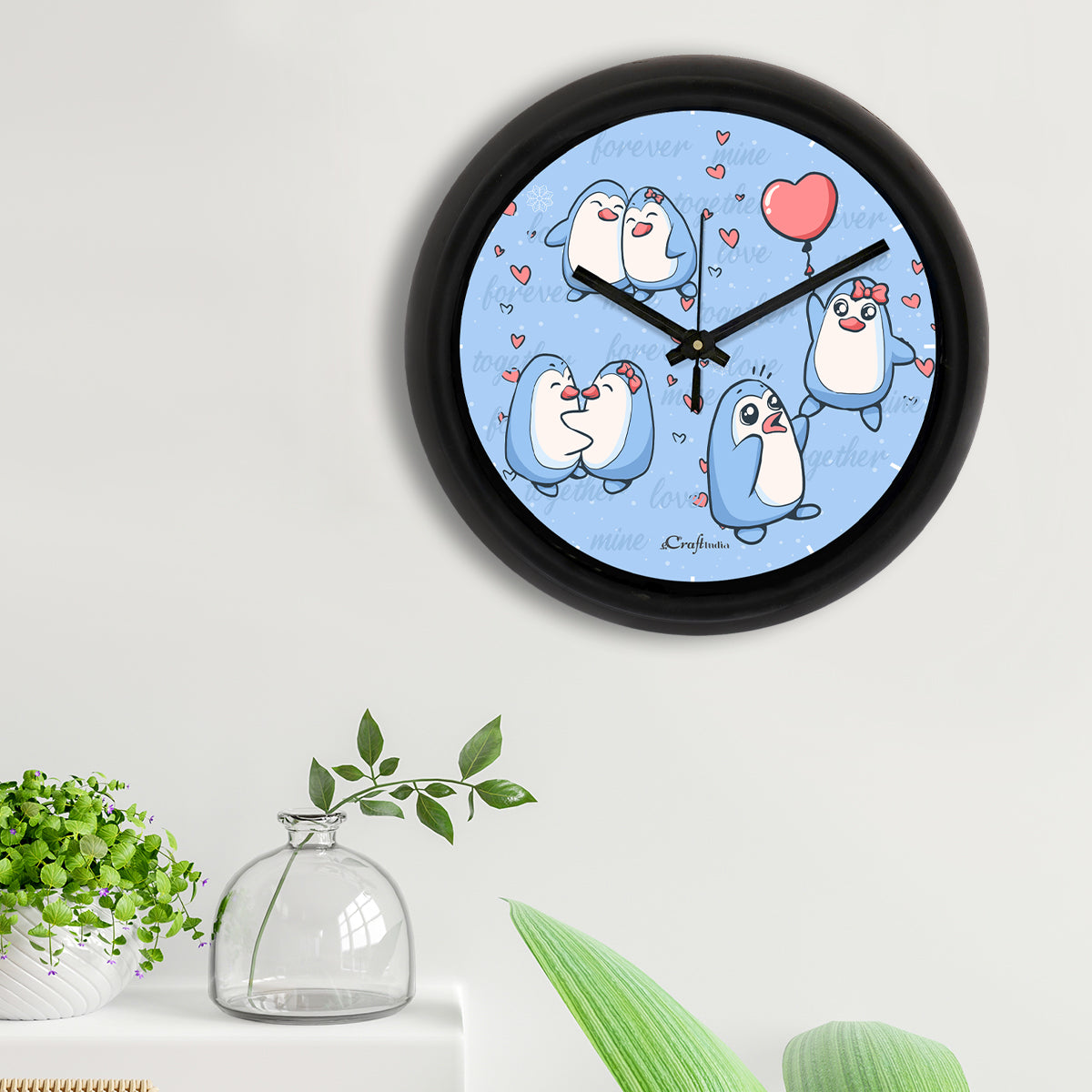 "Penguin Couple" Designer Round Analog Black Wall Clock 2