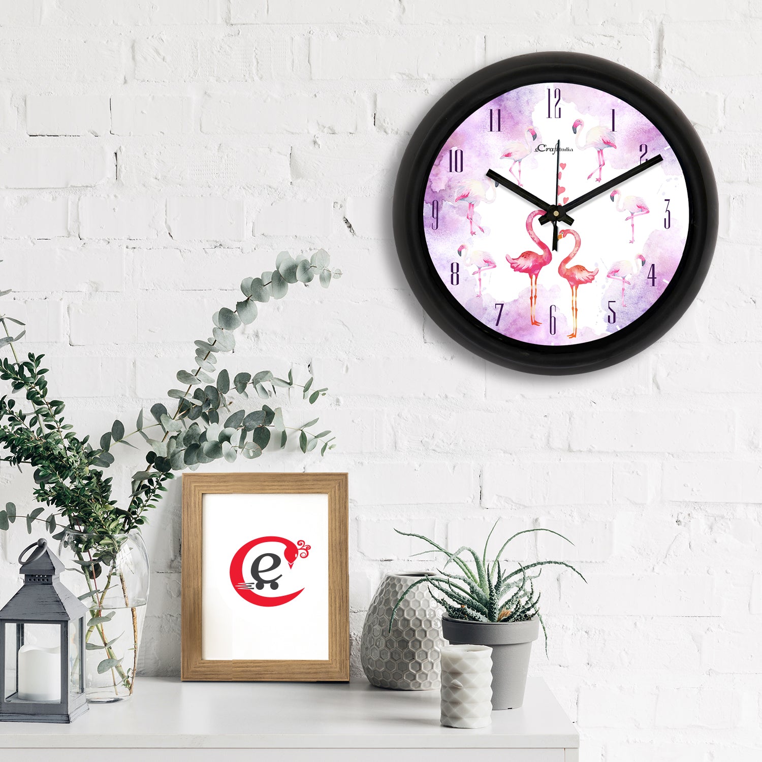 "Flamingo  Love Mate" Designer Round Analog Black Wall Clock 1