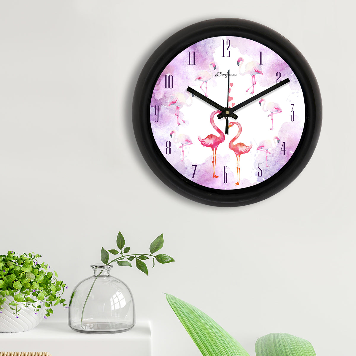 "Flamingo  Love Mate" Designer Round Analog Black Wall Clock 2