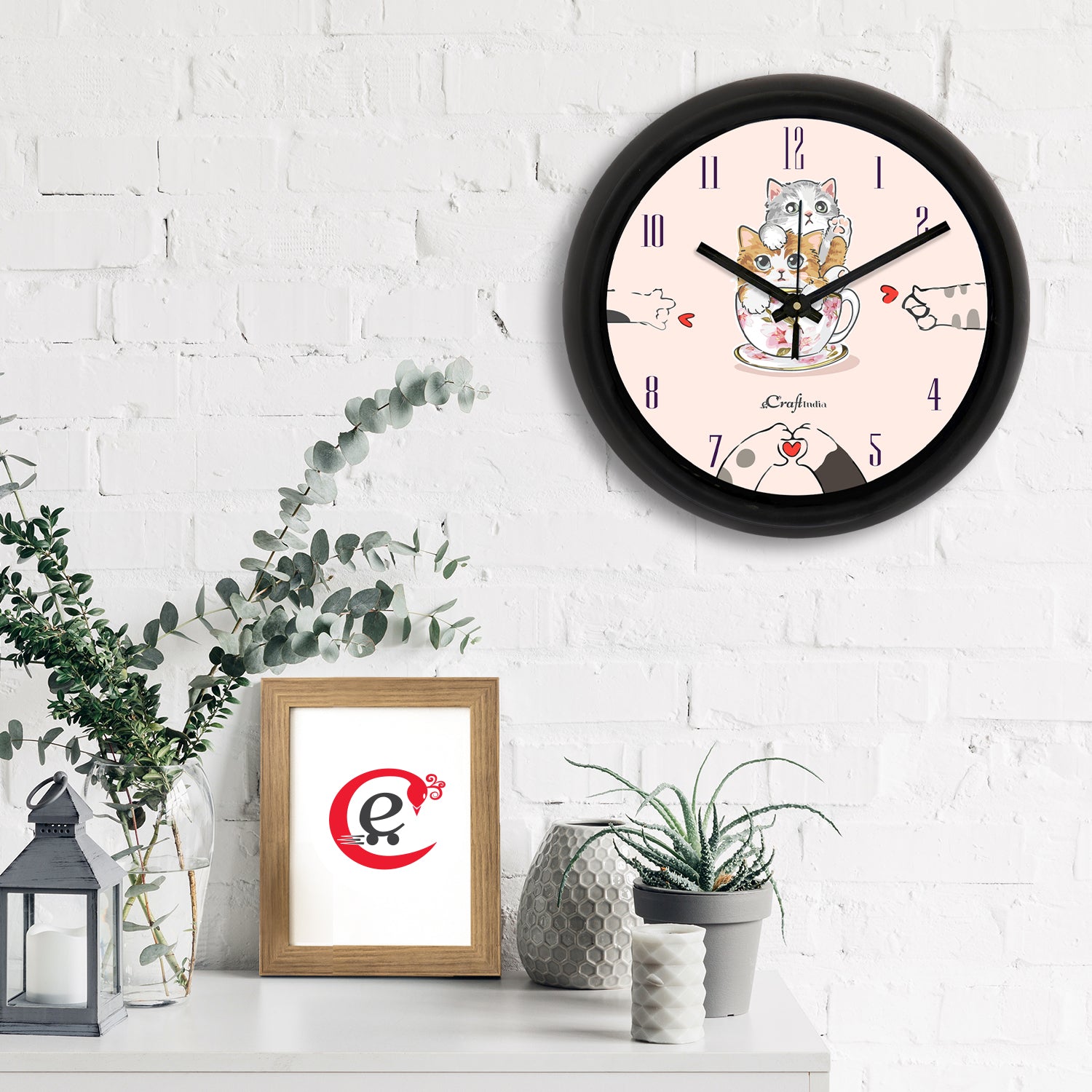 "Romantic Cat Couple" Designer Round Analog Black Wall Clock 1