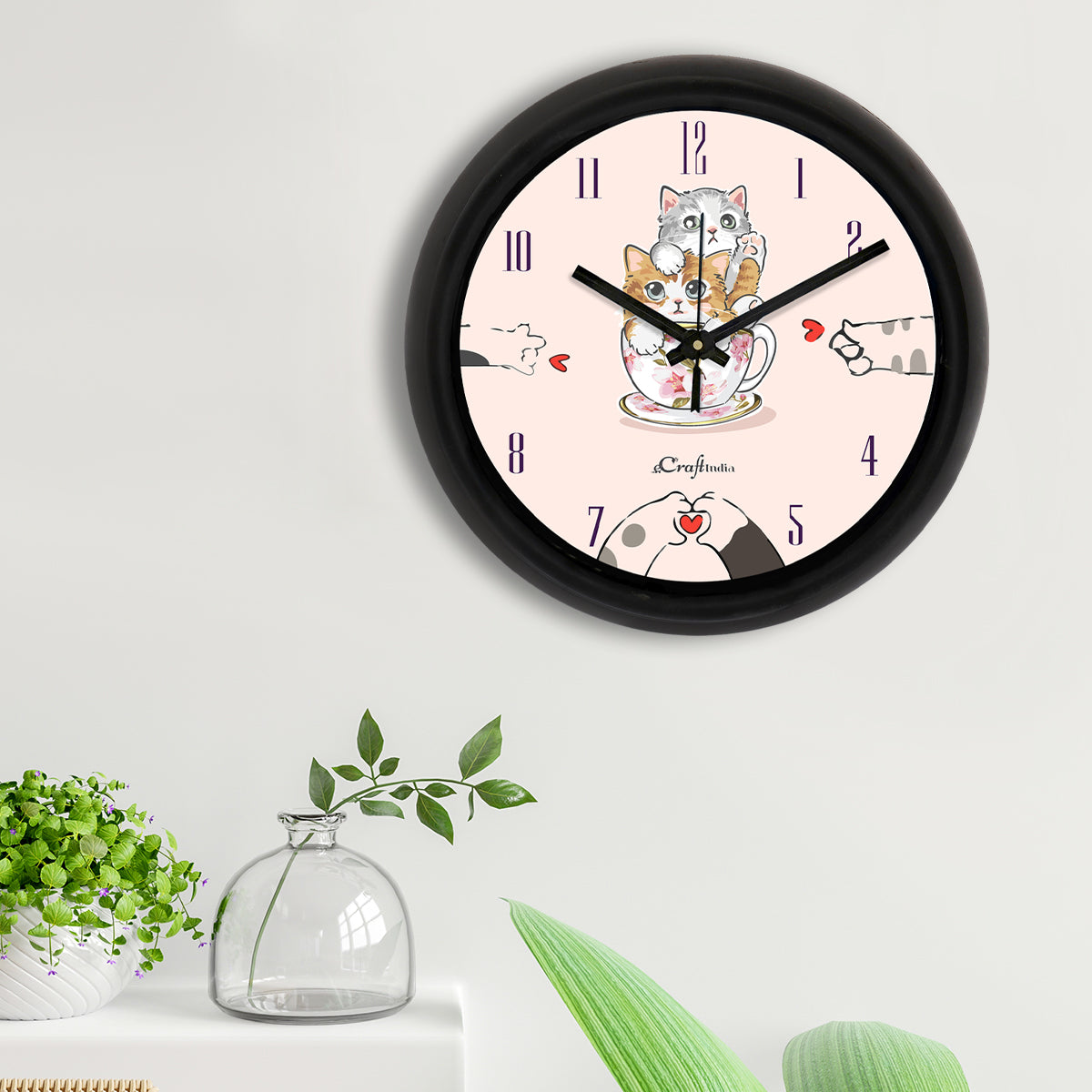 "Romantic Cat Couple" Designer Round Analog Black Wall Clock 2