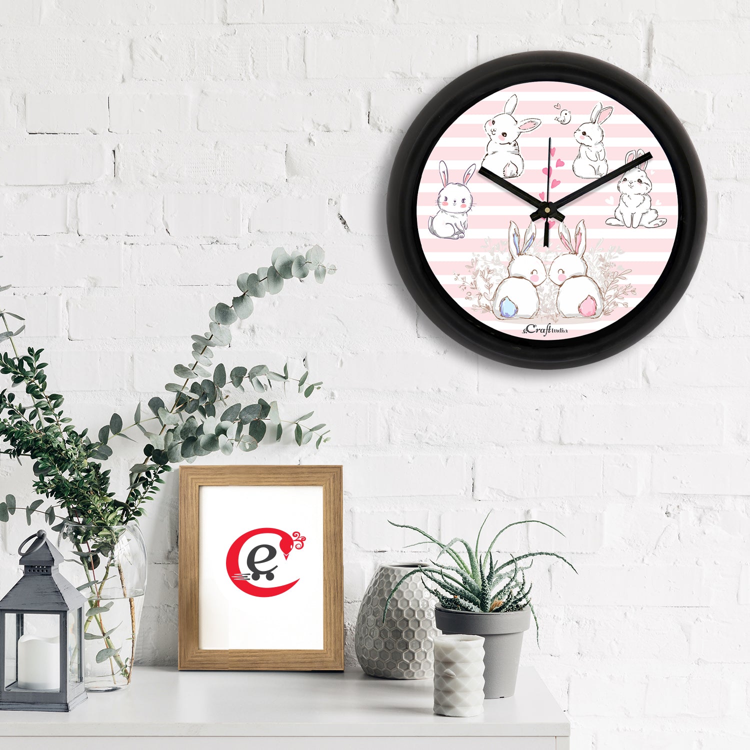 "Romantic Bunny" Designer Round Analog Black Wall Clock 1