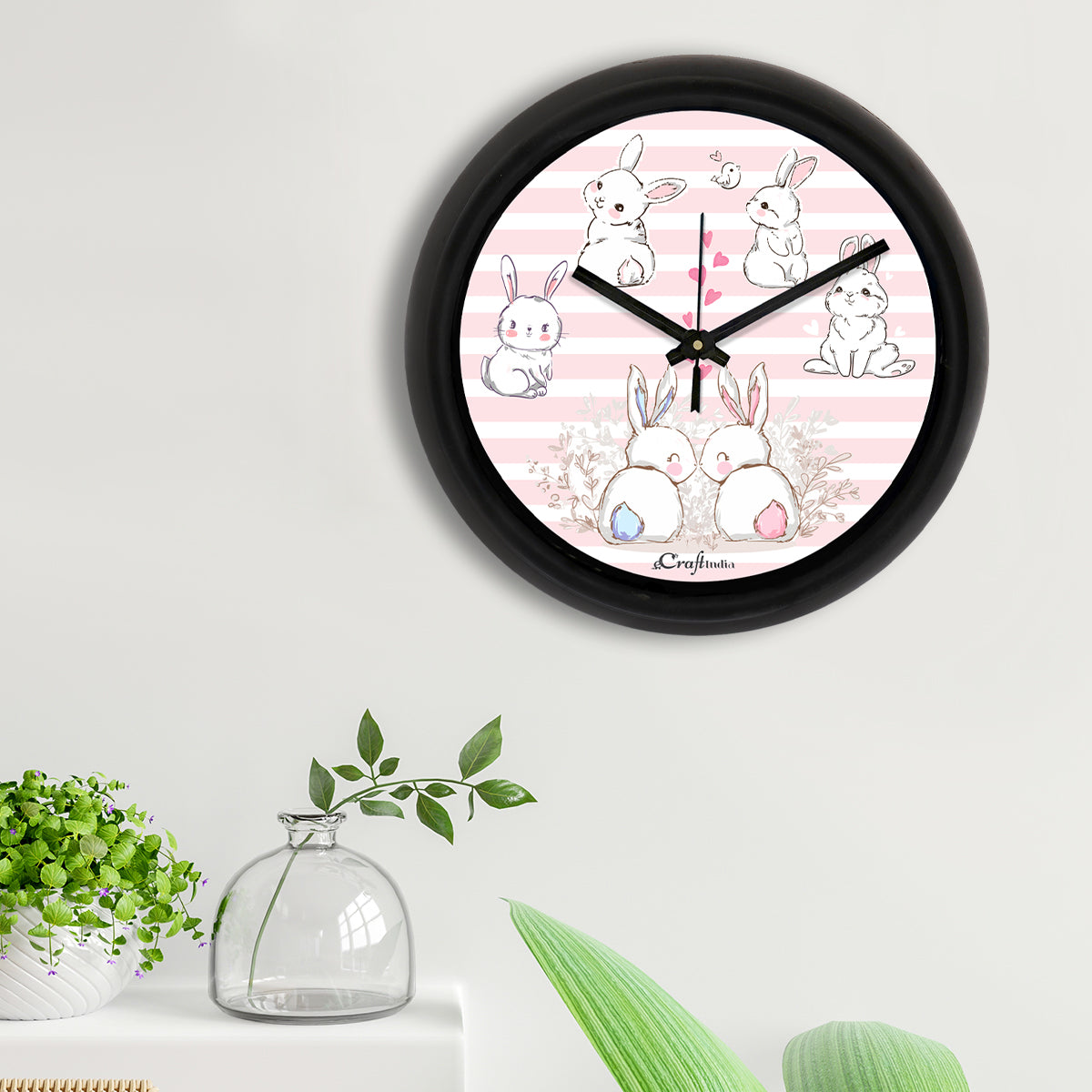 "Romantic Bunny" Designer Round Analog Black Wall Clock 2
