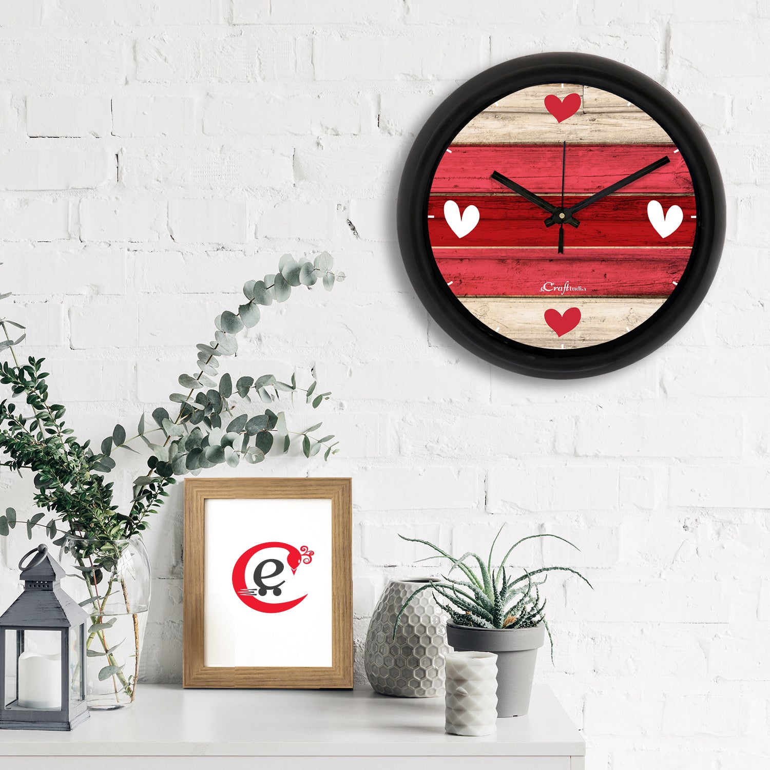 "Heart on Rustic Wood" Designer Round Analog Black Wall Clock 1