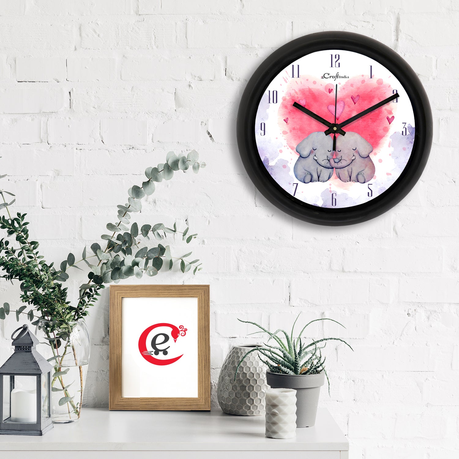 "Cute Elephant Couple" Designer Round Analog Black Wall Clock 1