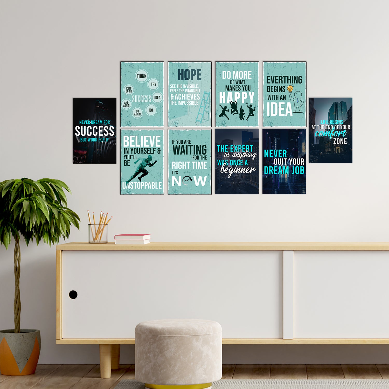 Set of 10 Motivational Positive Office Quotes High Quality Printed 300 GSM Posters with Glue Drops 1
