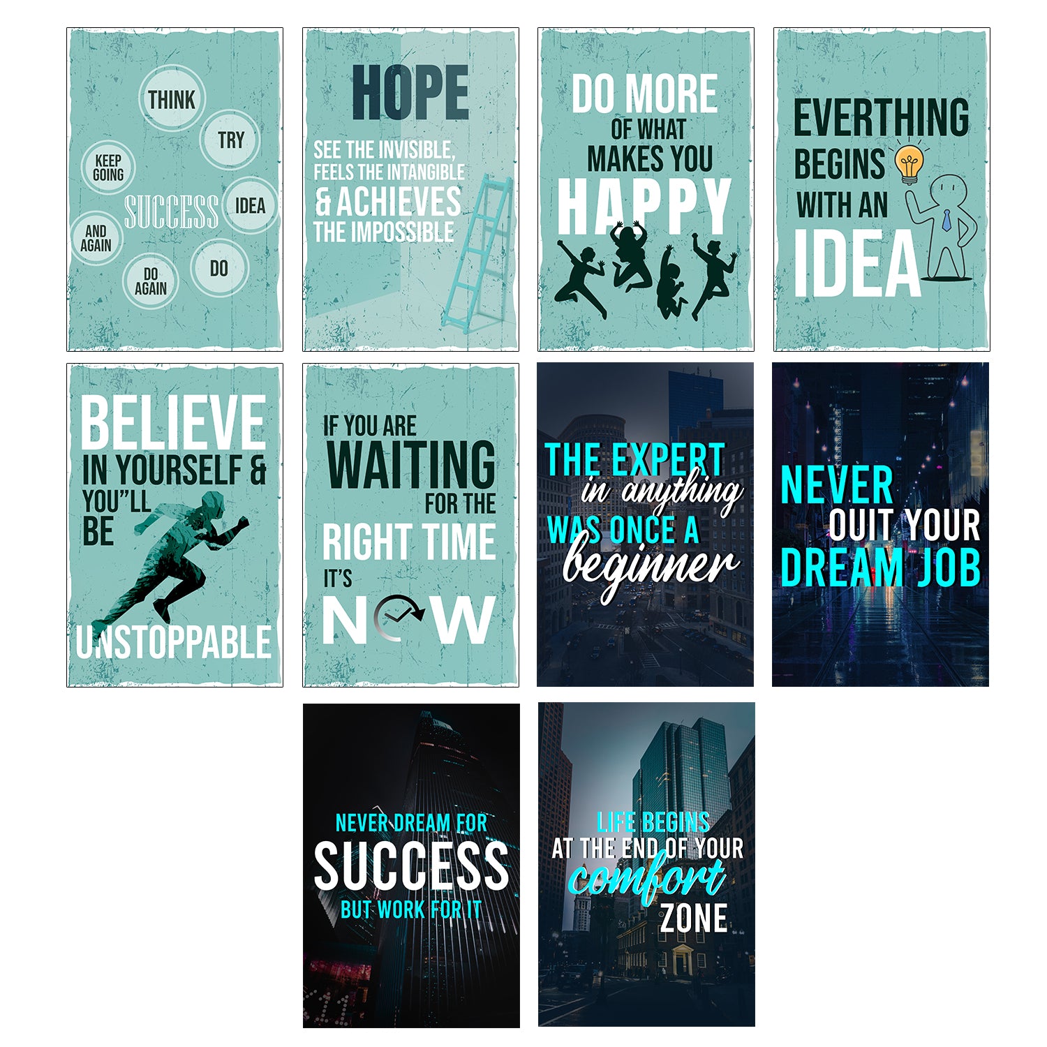 Set of 10 Motivational Positive Office Quotes High Quality Printed 300 GSM Posters with Glue Drops 2
