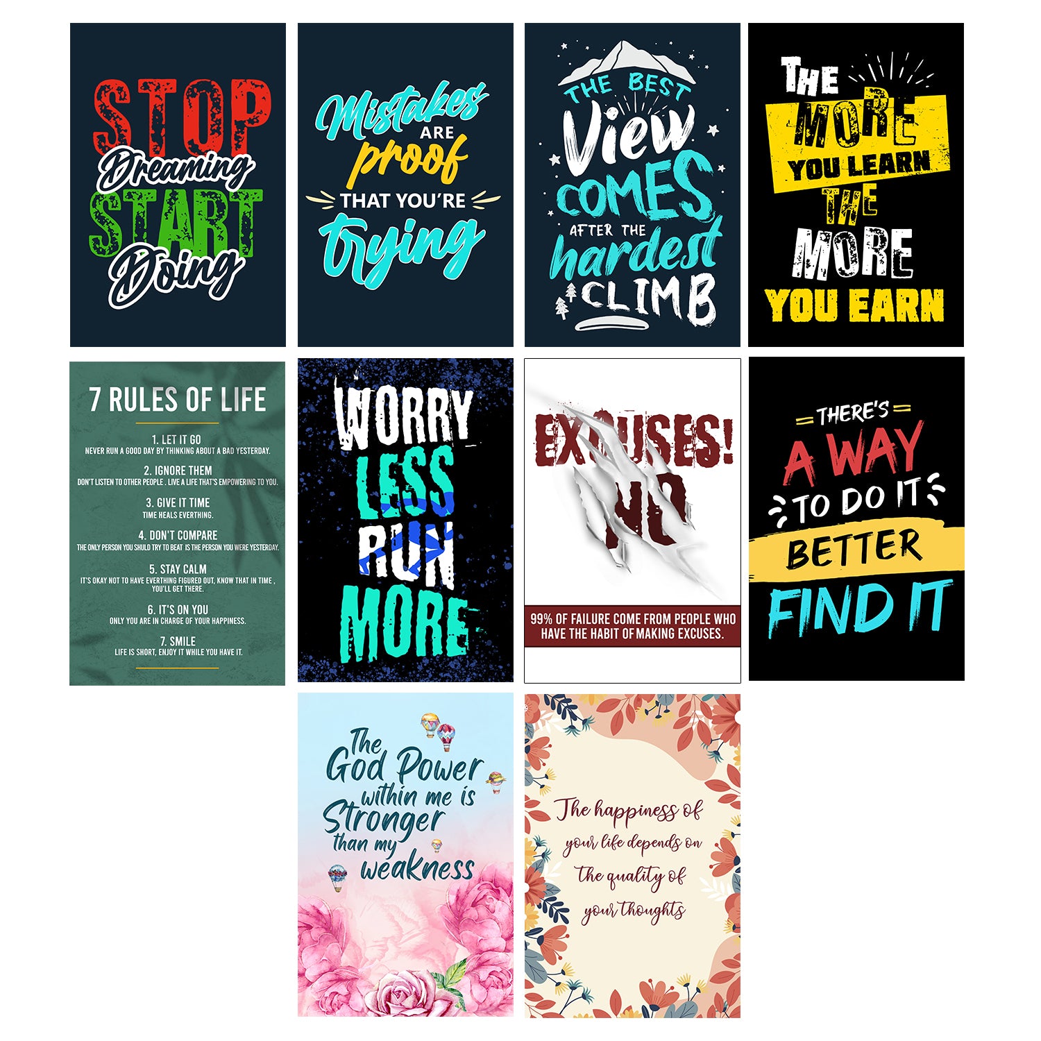 Set of 10 Inspirational Quotes High Quality Printed 300 GSM Posters with Glue Drops 2