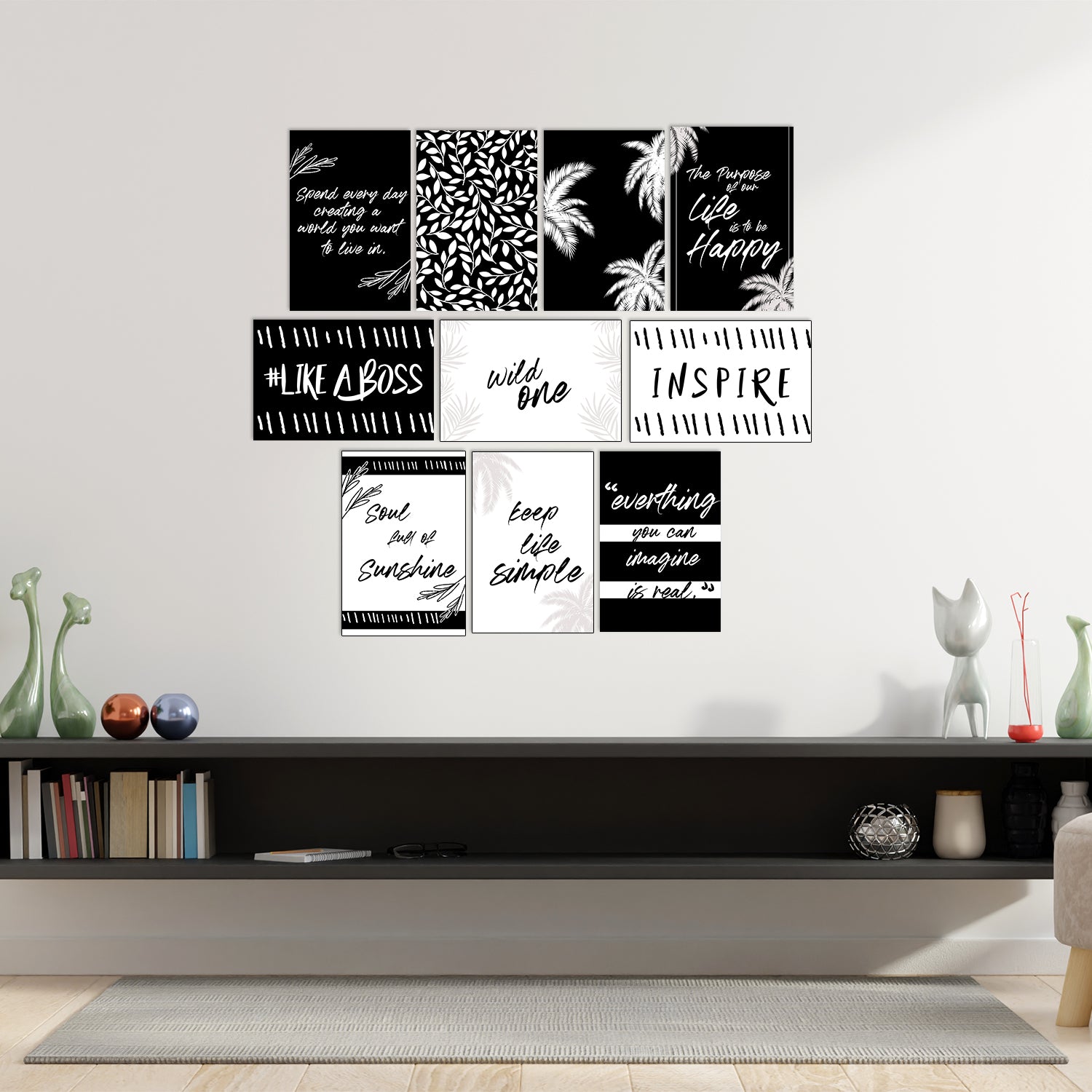 Set of 10 Inspirational Black and White Quotes High Quality Printed 300 GSM Posters with Glue Drops
