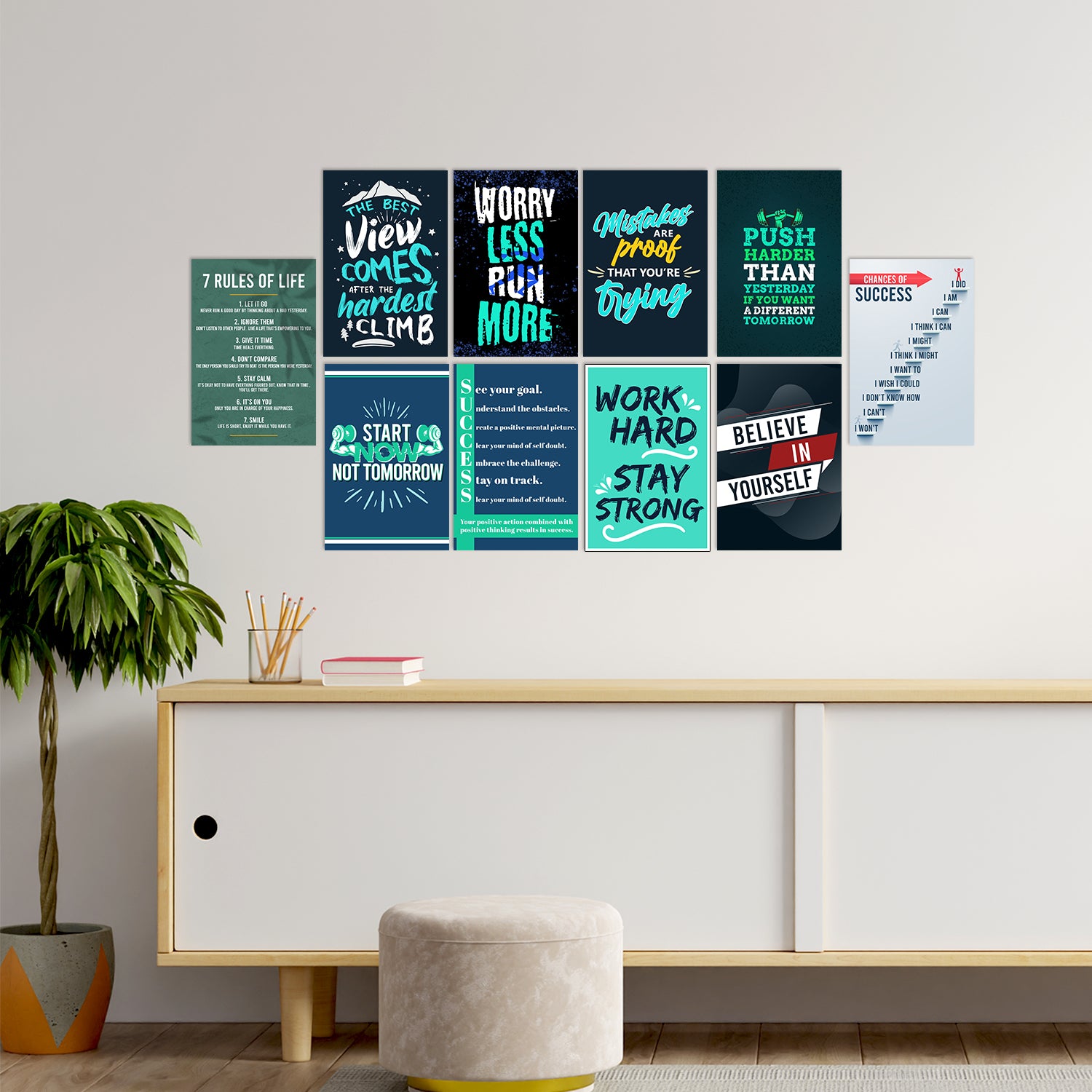 Set of 10 Work Hard Motivational Quotes High Quality Printed 300 GSM Posters with Glue Drops 1