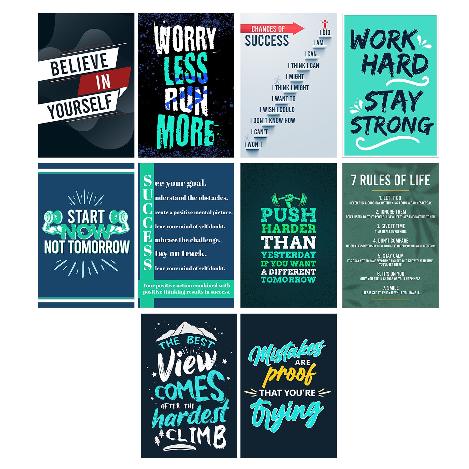 Set of 10 Work Hard Motivational Quotes High Quality Printed 300 GSM Posters with Glue Drops 2