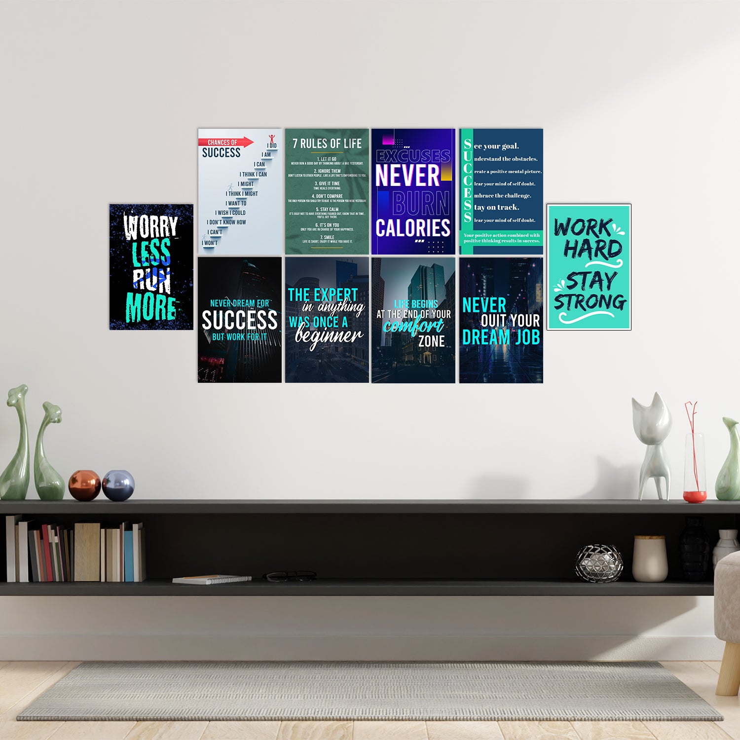 Set of 10 Success Inspirational Quotes High Quality Printed 300 GSM Posters with Glue Drops