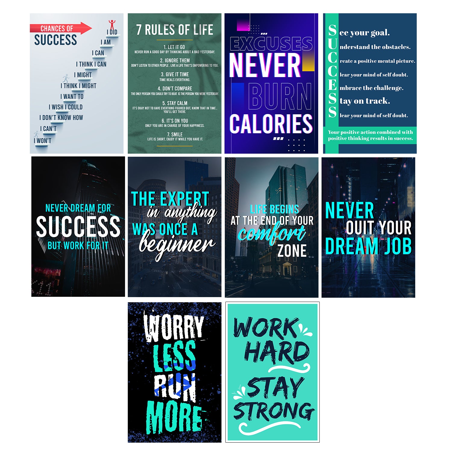 Set of 10 Success Inspirational Quotes High Quality Printed 300 GSM Posters with Glue Drops 2