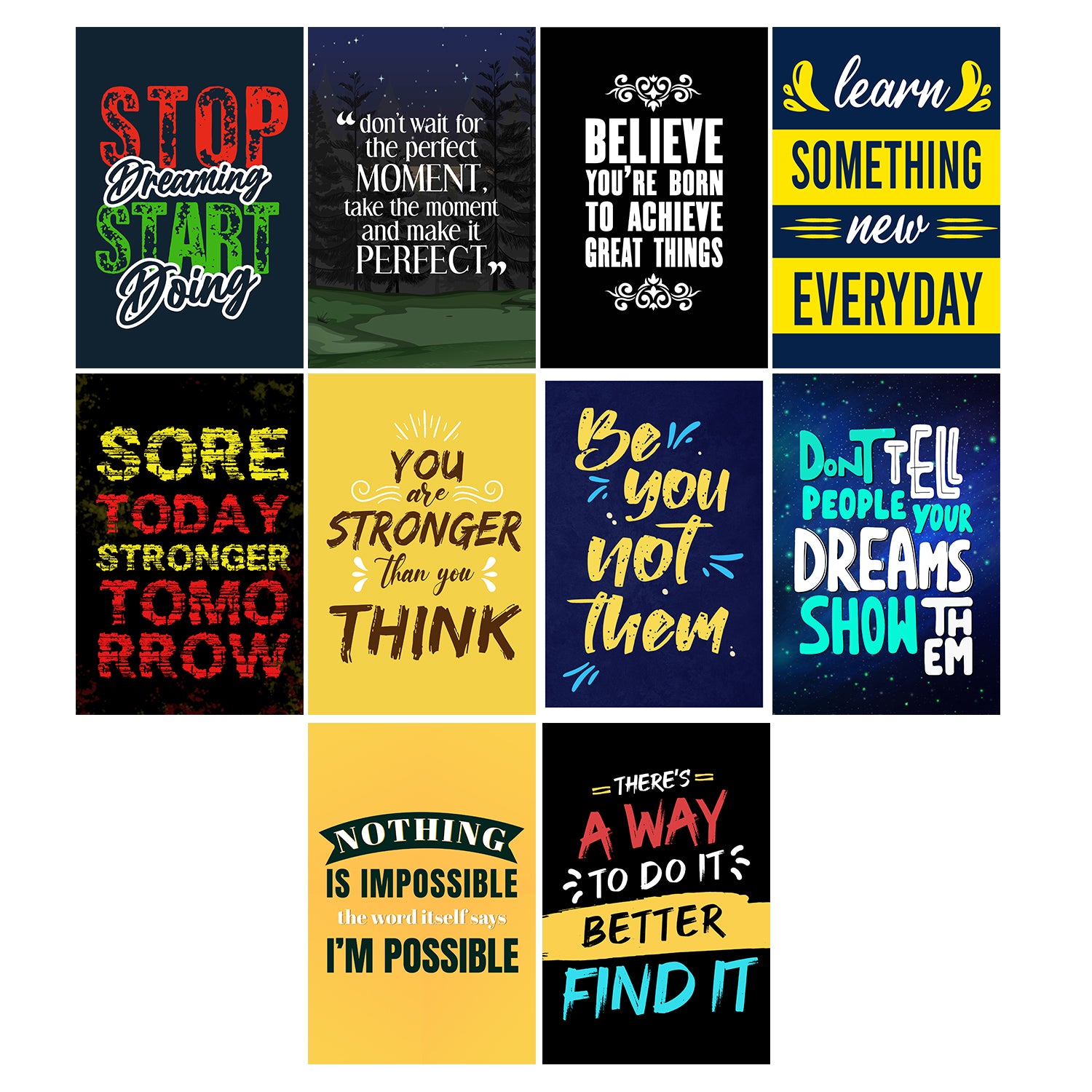 Set of 10 Inspiring Quotes High Quality Printed 300 GSM Posters with Glue Drops 2